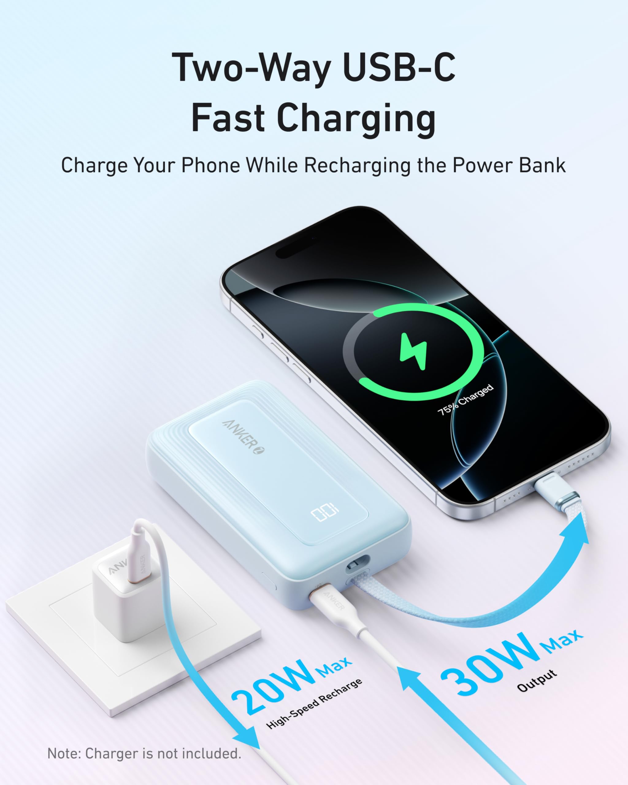 Pink Anker Zolo Power Bank with 10,000mAh capacity, 30W output, and built-in 5.4-inch USB-C cable.