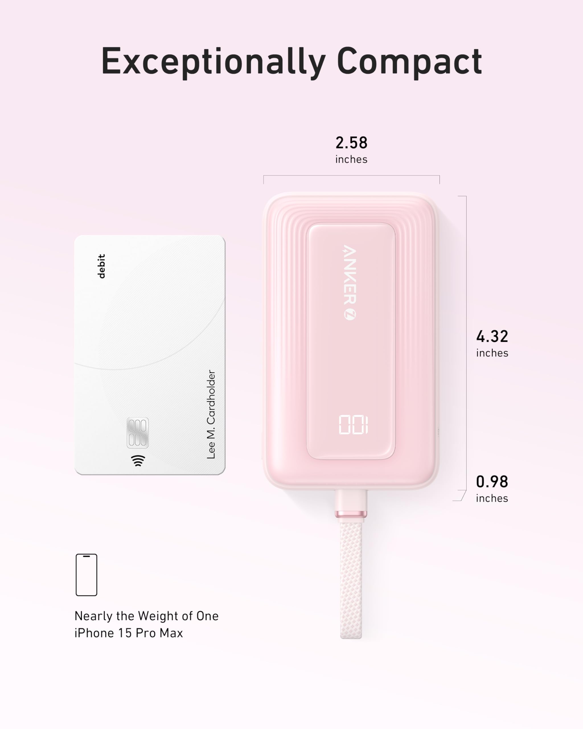 Pink Anker Zolo Power Bank with 10K capacity, 30W output, and built-in 5.4-inch USB-C cable for portable charging.