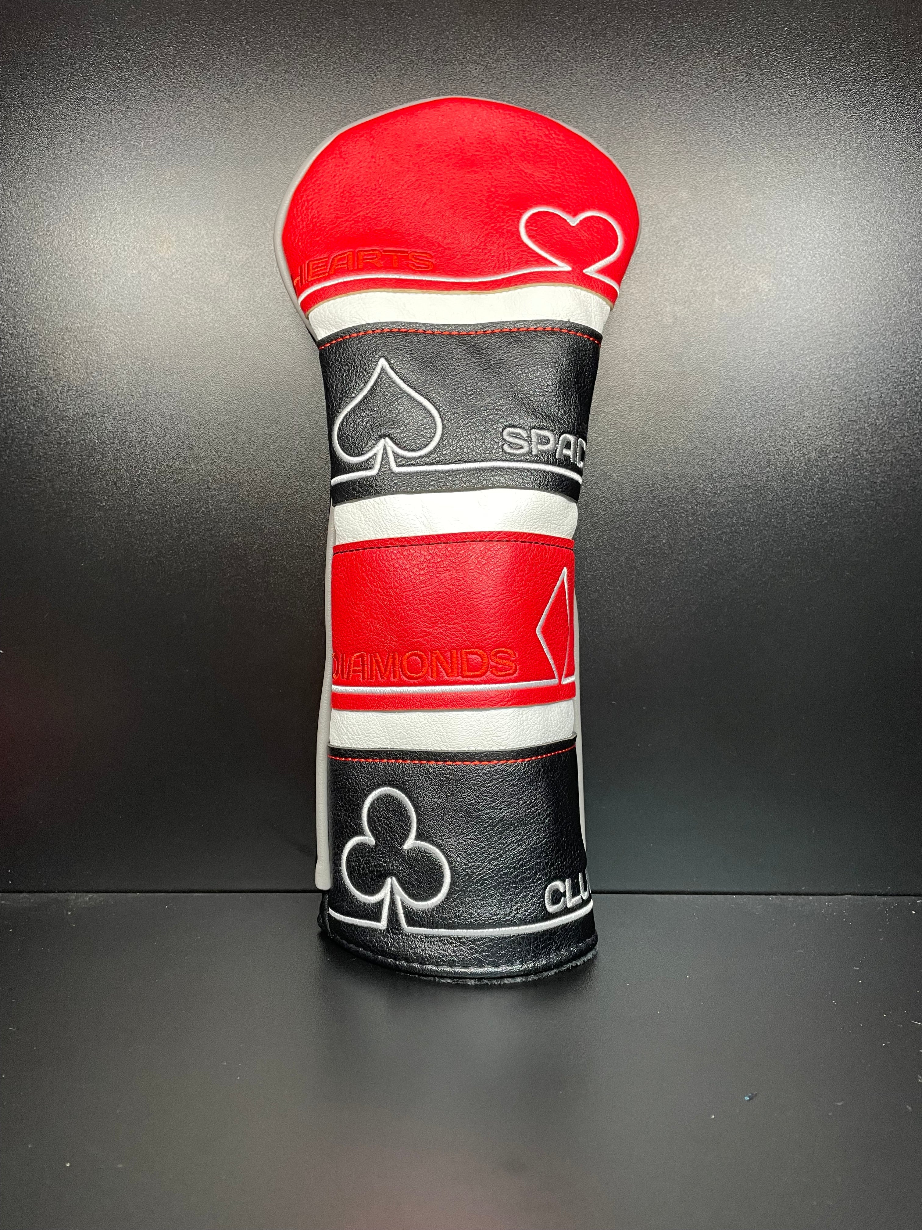 ParWestGolf playing card suits golf club headcover featuring colorful spade, heart, diamond, and club designs on soft fabric.