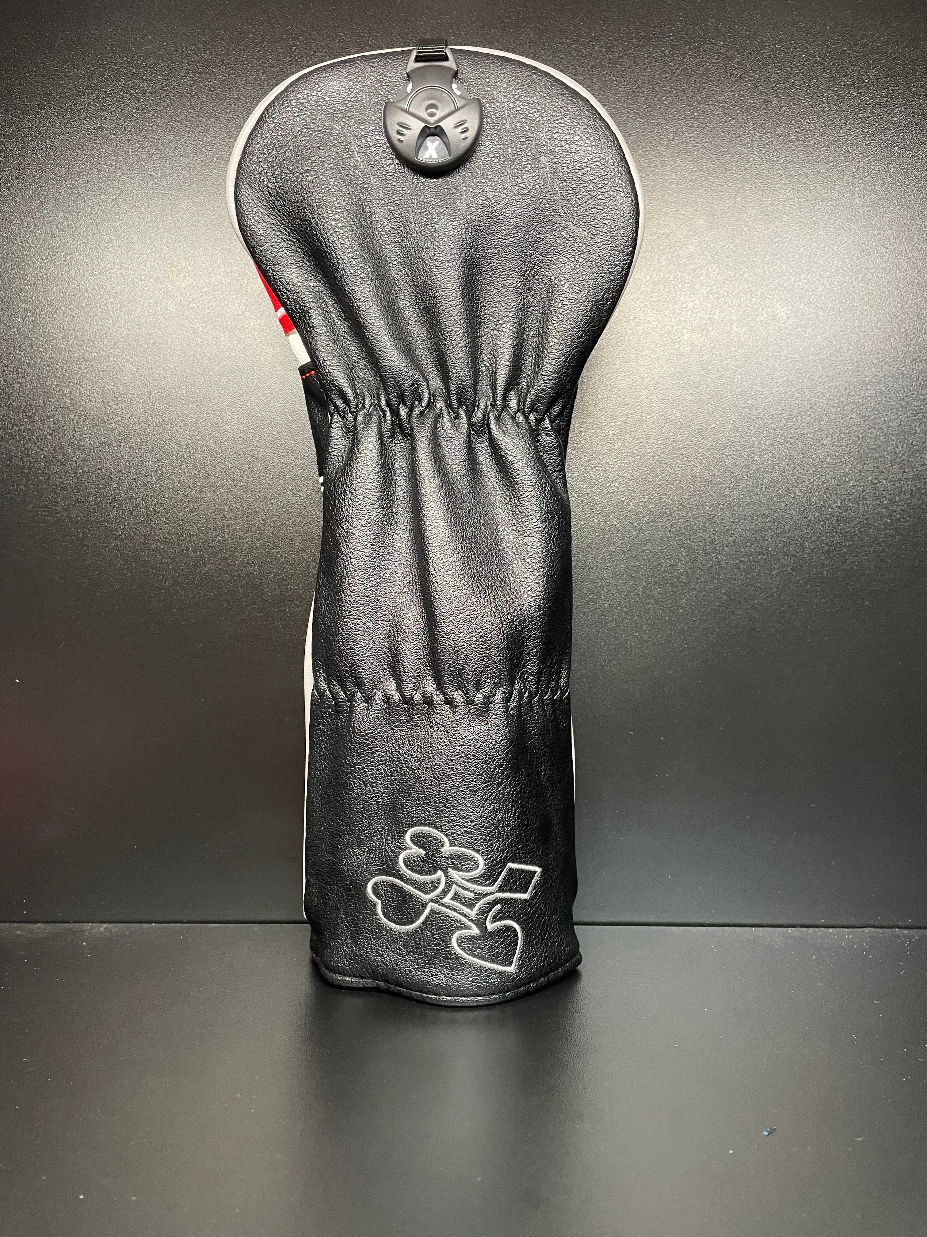 Golf club headcover featuring playing card suits design by ParWestGolf, displays vibrant spade, heart, diamond, and club symbols.