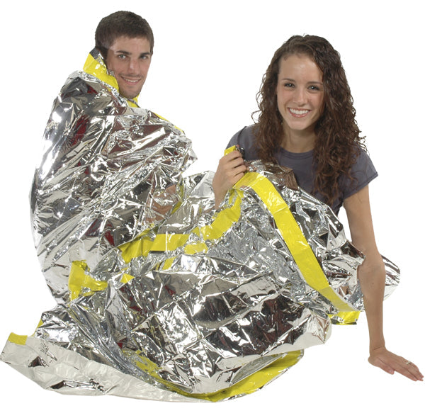 Reflective emergency Mylar sleeping bag by Quake Kits, lightweight waterproof thermal survival bag for shelter and warmth.