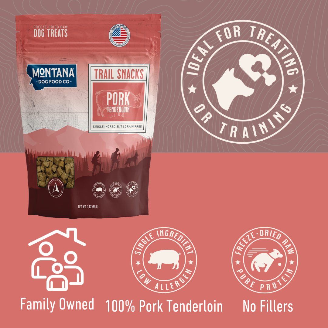 Freeze-dried pork tenderloin dog treats by Montana Dog Food Co, 3oz, showing the crunchy, natural dog snack on a plain background.