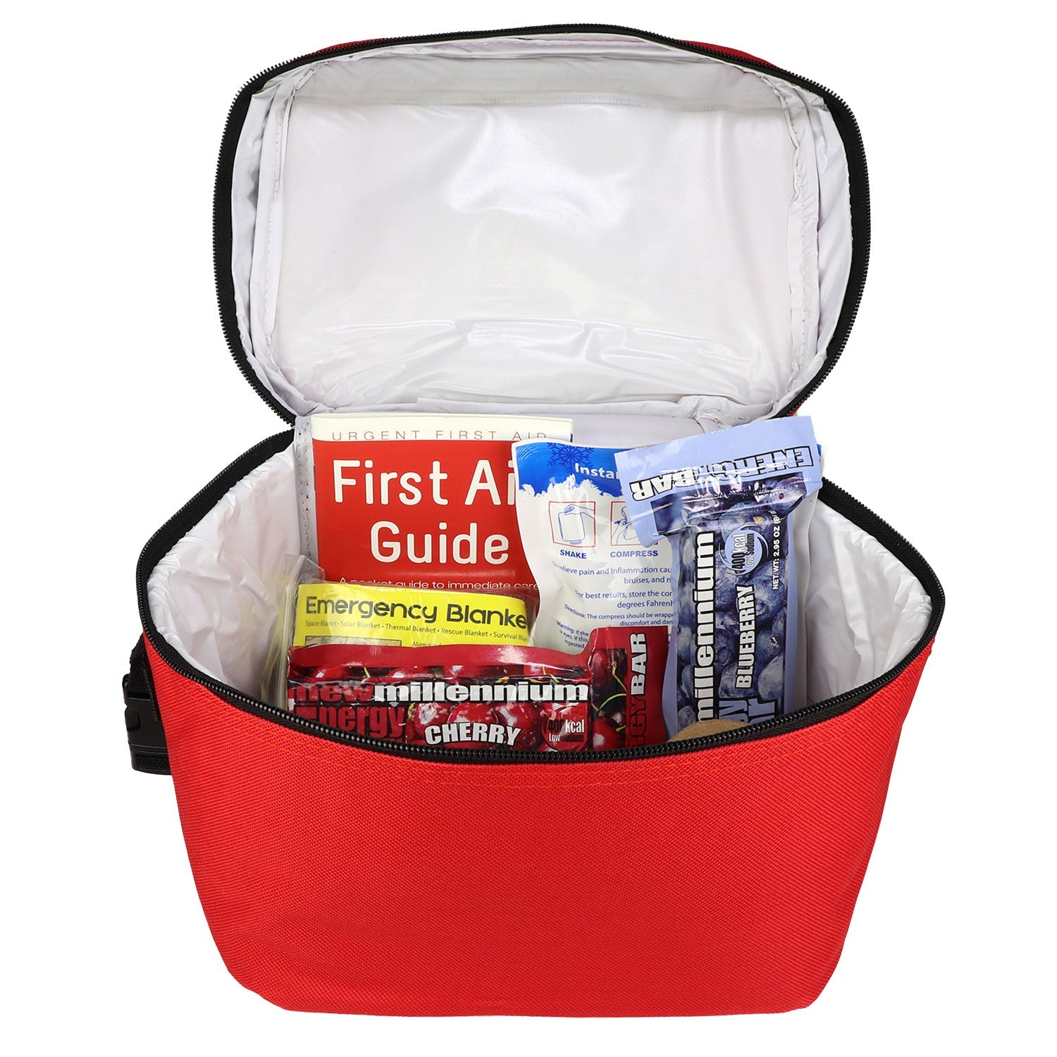 Red waterproof cooler bag from QuakeKits, insulated soft bag with strap, perfect for food and medicine on the go.