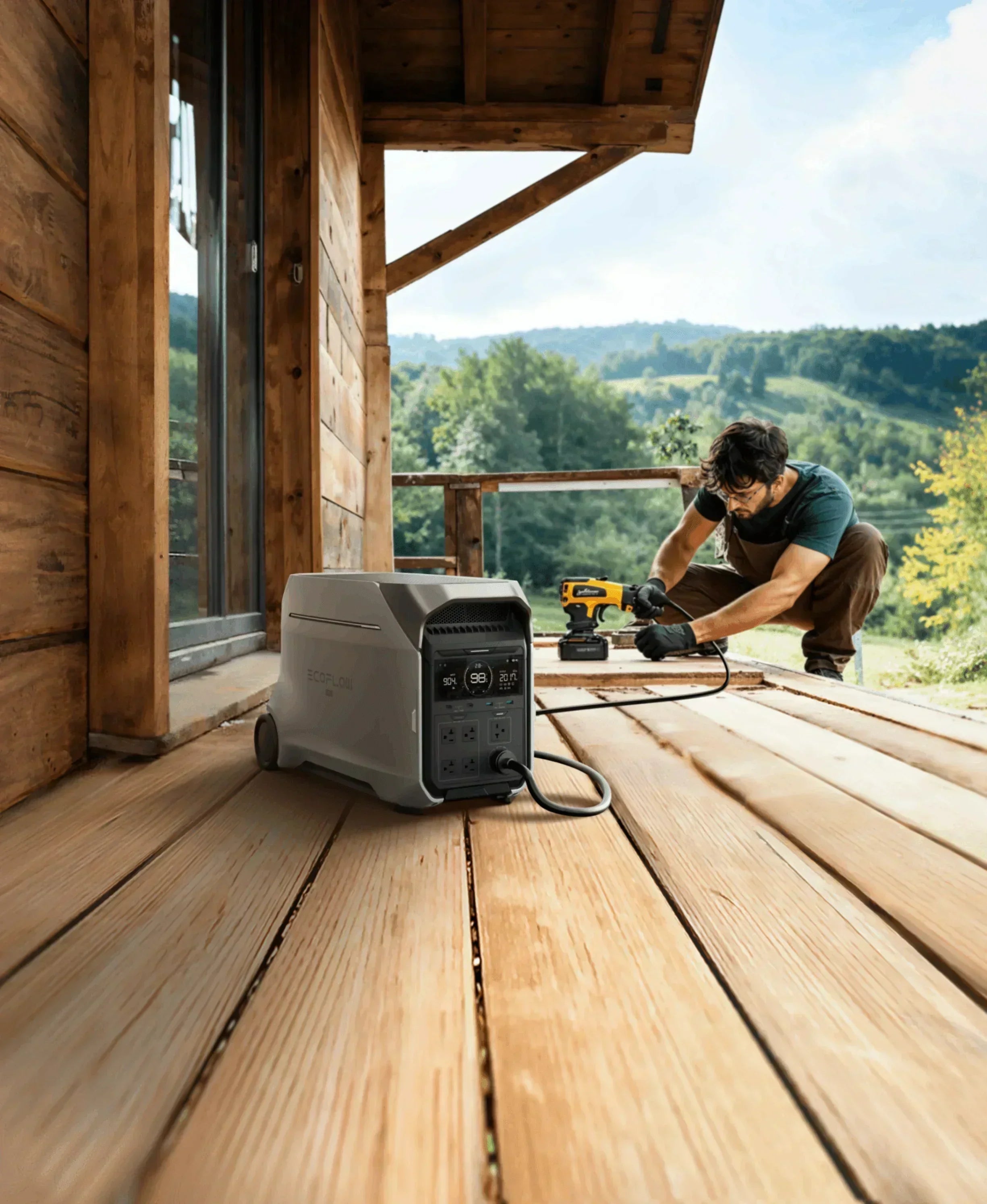 Green Vista Living EcoFlow DELTA Pro 3 portable solar generator with multiple outlets and an LCD display, ideal for job sites.