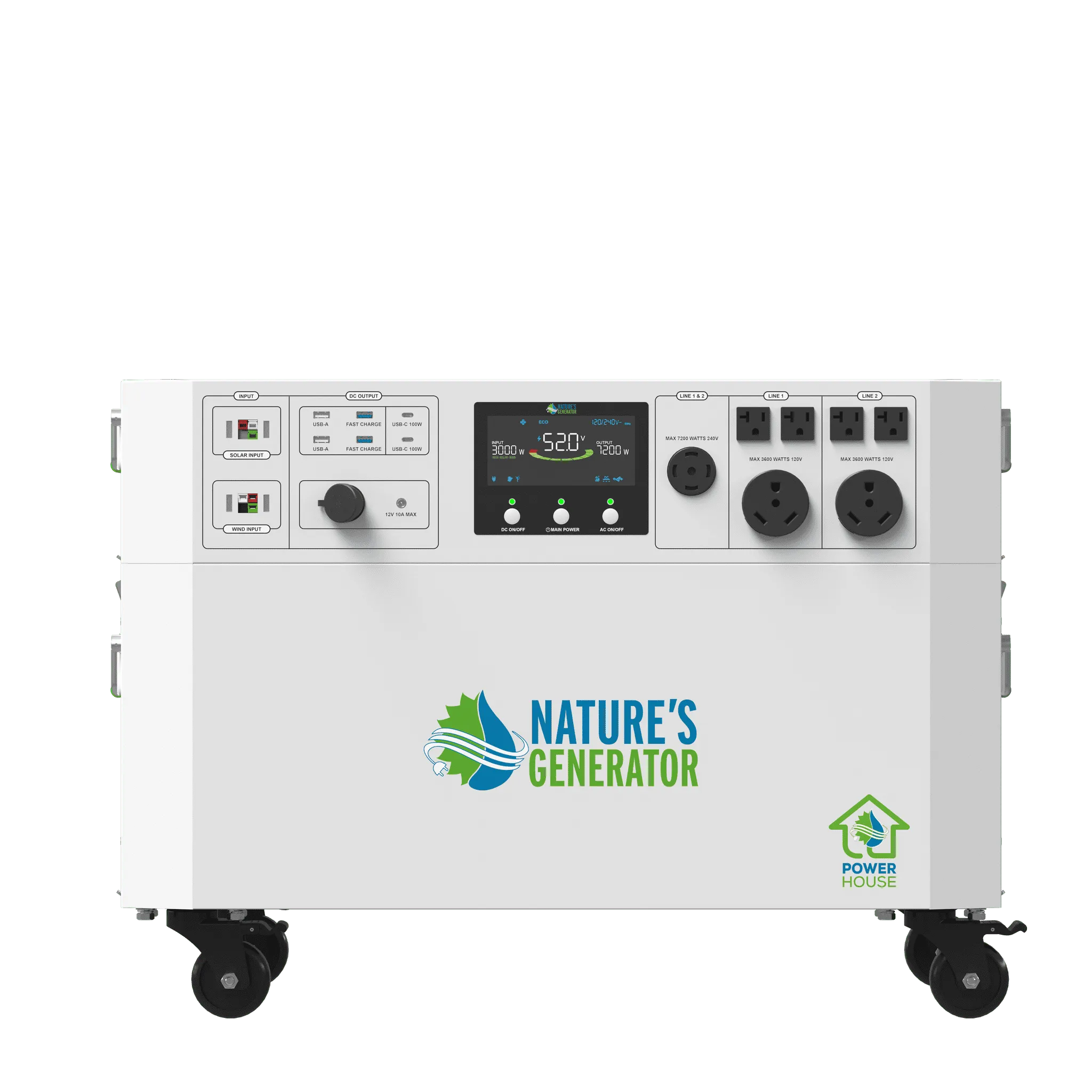 Front view of Nature's Generator Powerhouse V2 Whole Home Generator with control panel and sturdy exterior in a clean, modern design.