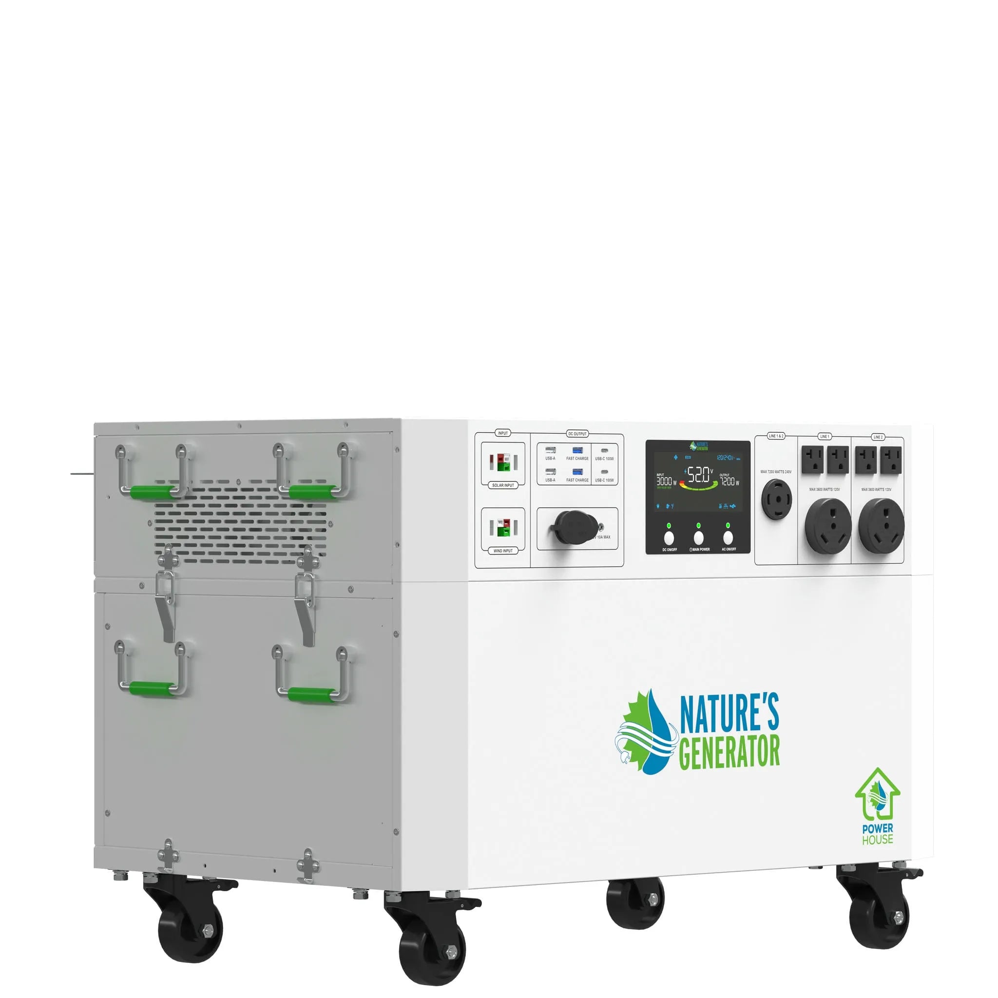 Left view of the Nature's Generator Powerhouse V2 Whole Home Generator, featuring its compact, sturdy design and control panel.