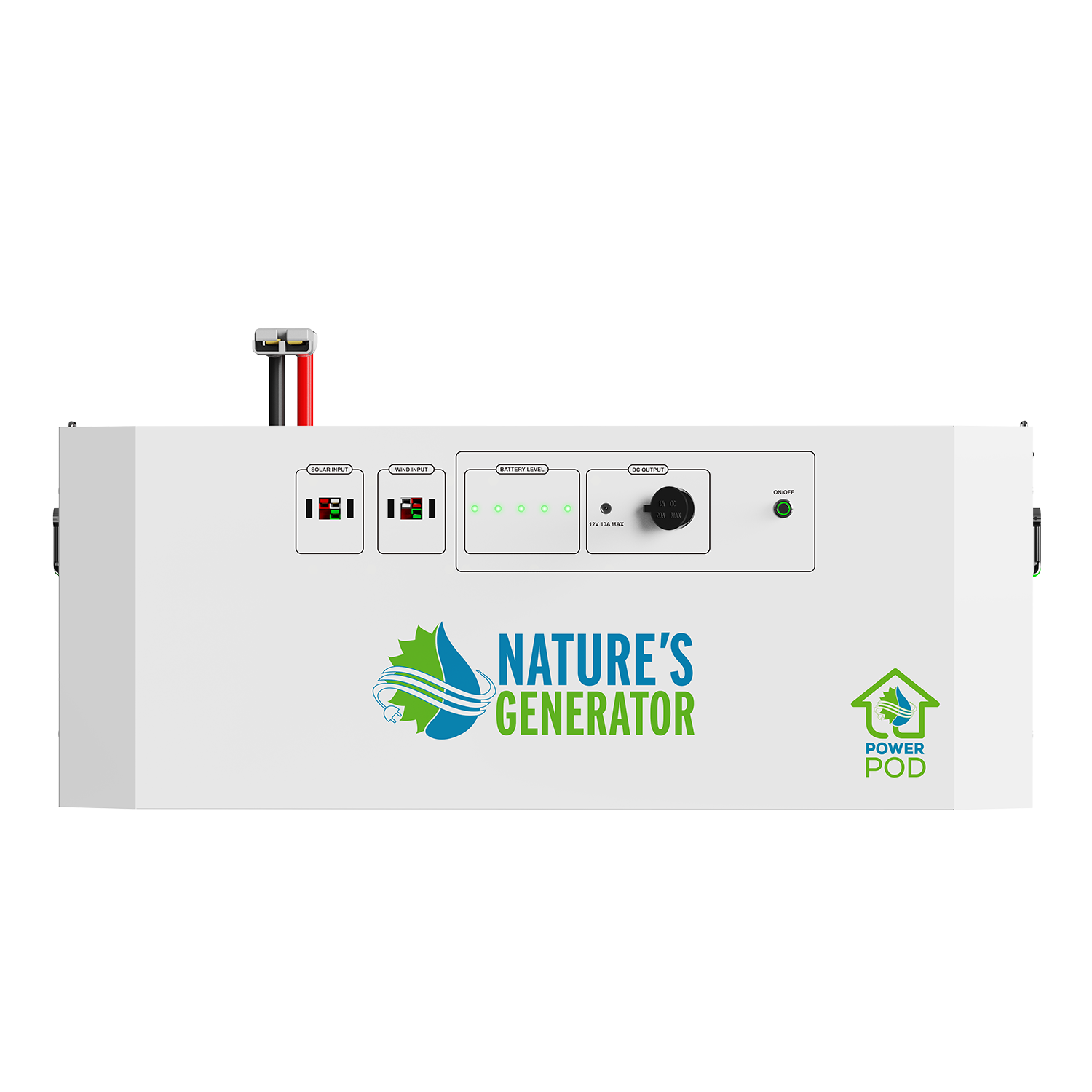 Front view of Nature's Generator Powerhouse V2 Whole Home Solar Generator with digital display and multiple power outlets.