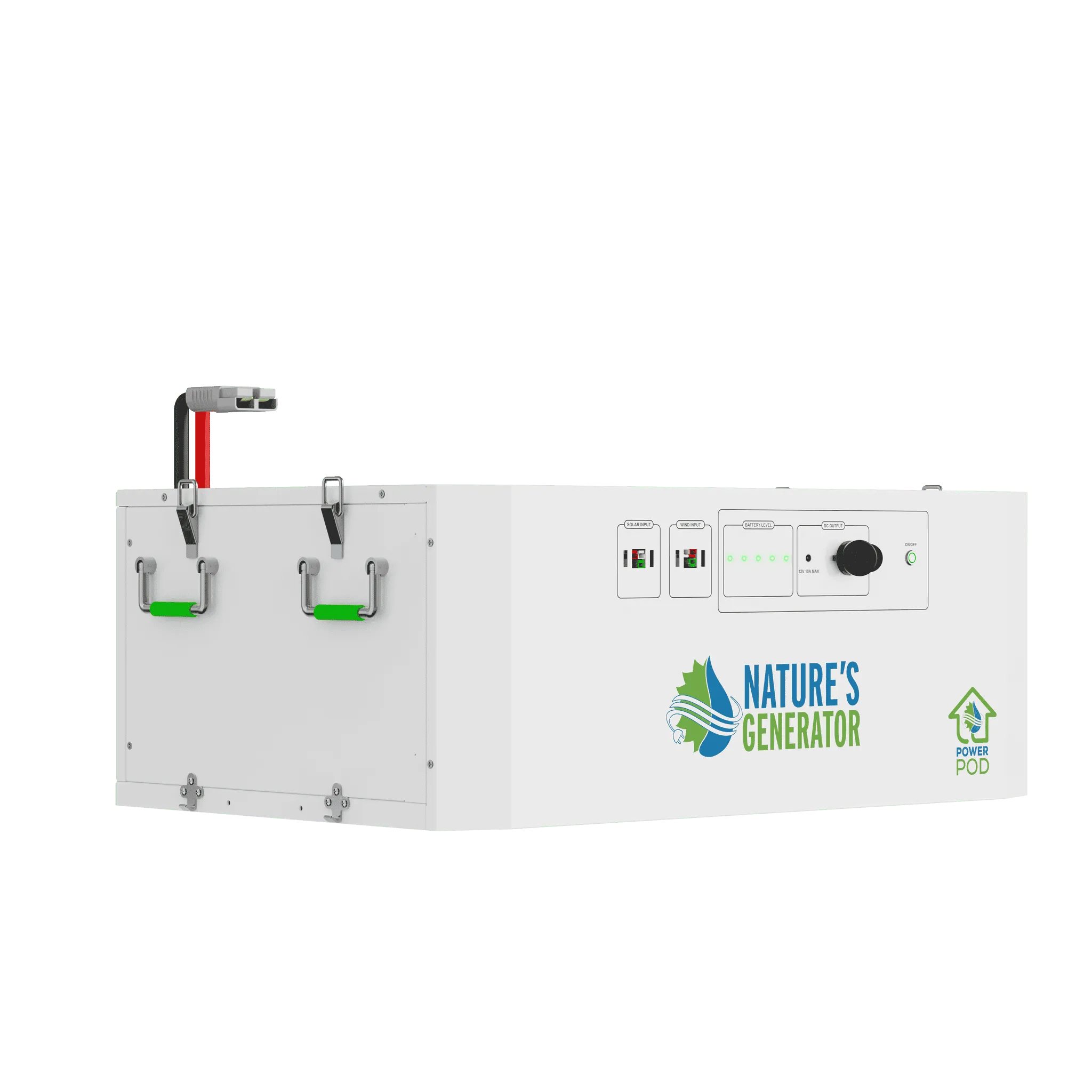 Left view of the Nature's Generator Powerhouse V2 Whole Home Generator with Power Pod and control panel.