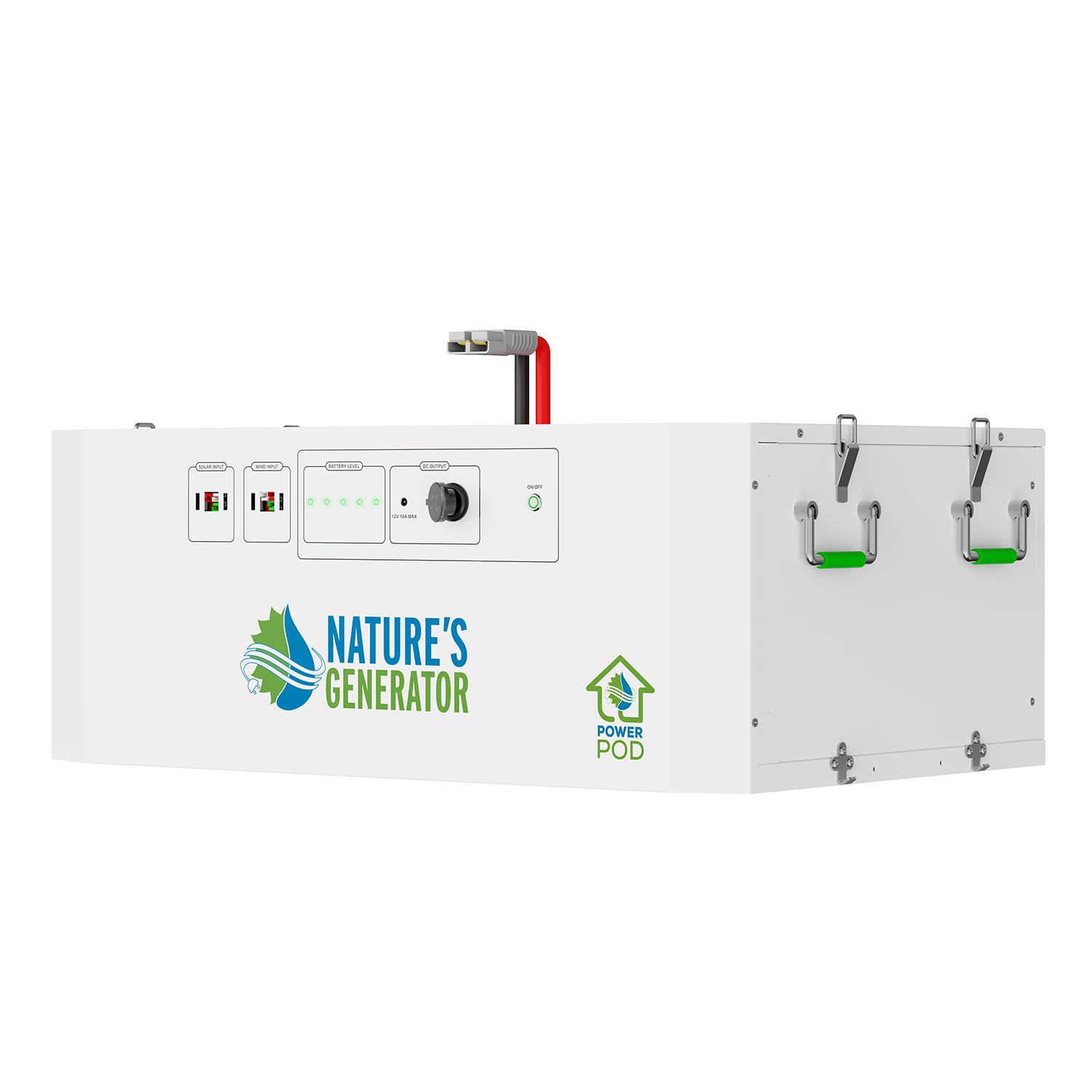 Nature's Generator Powerhouse V2 solar and wind generator power pod, showing the right side with ports and controls.