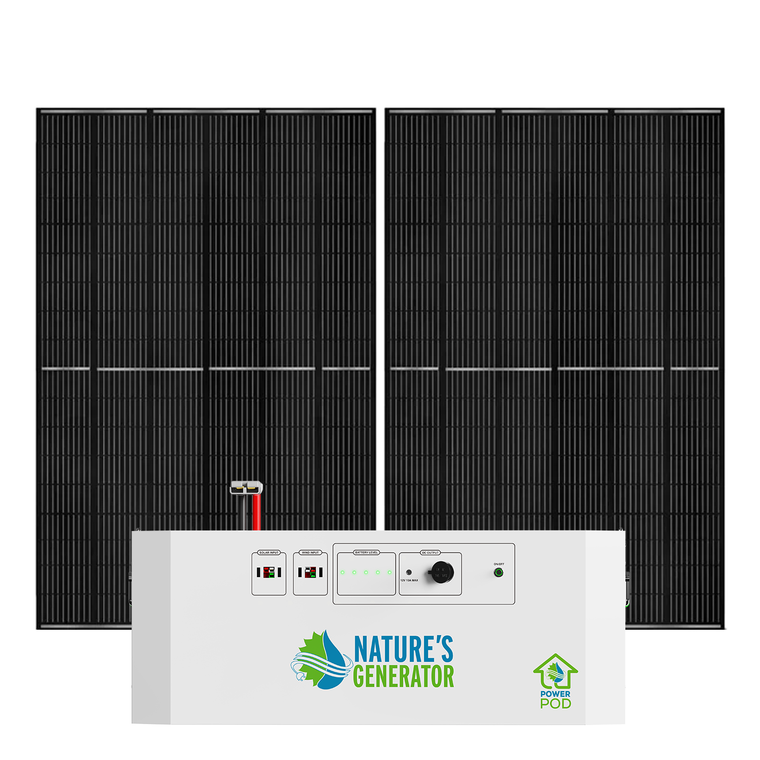 Nature's Generator Powerhouse Power Addition with two 410W solar panels, portable power pod for renewable energy storage.