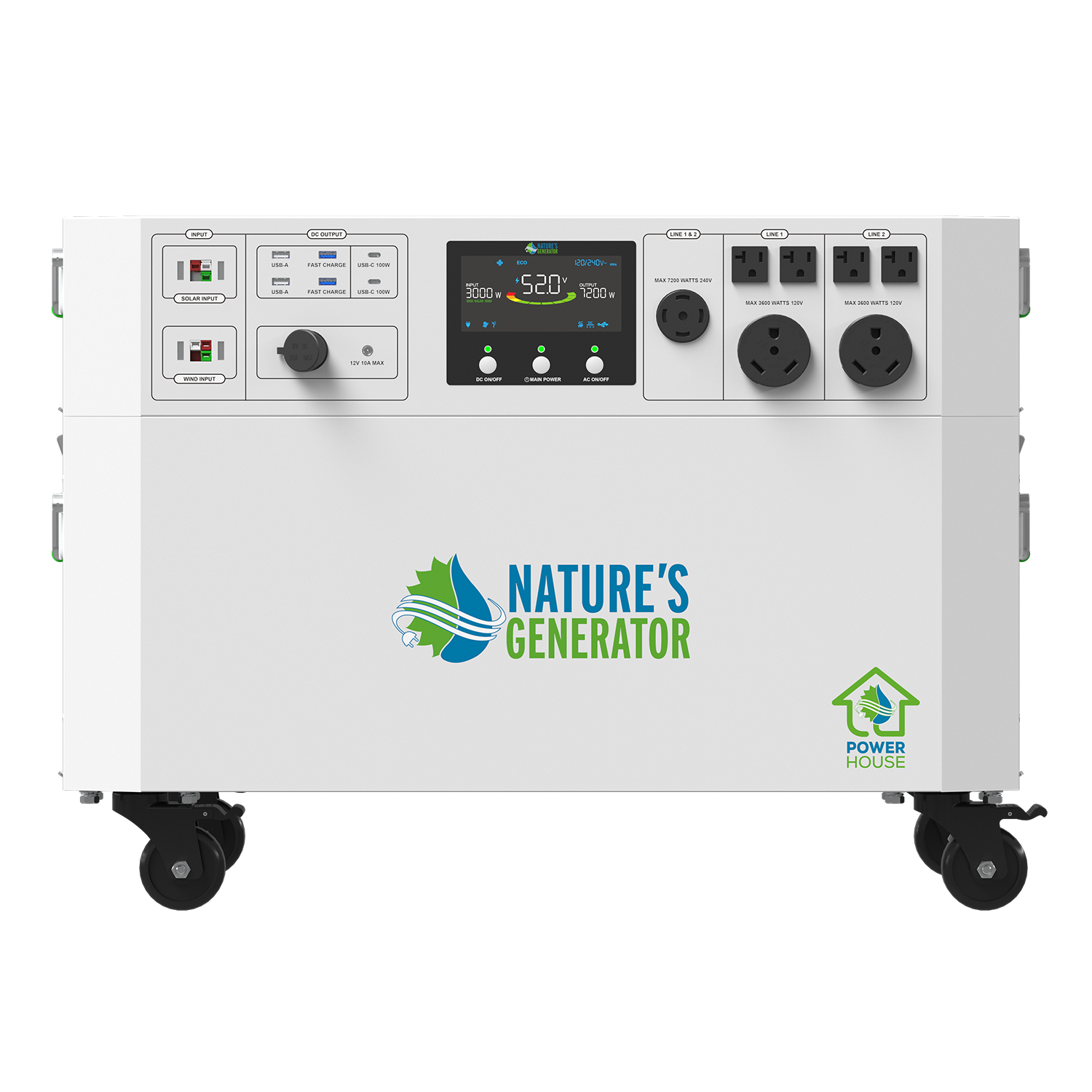 Front view of the Nature's Generator Powerhouse V2 Whole Home Solar Generator with multiple ports and digital display.