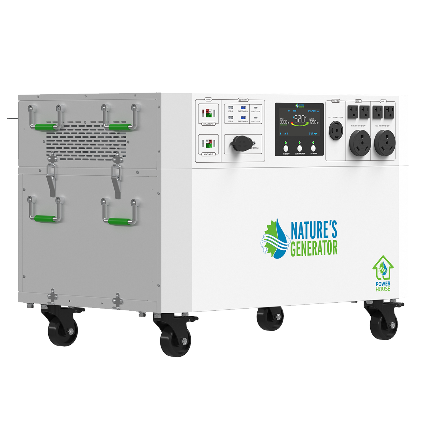 Nature's Generator Powerhouse V2 solar and wind generator with solar panels and wind turbines for renewable energy production.