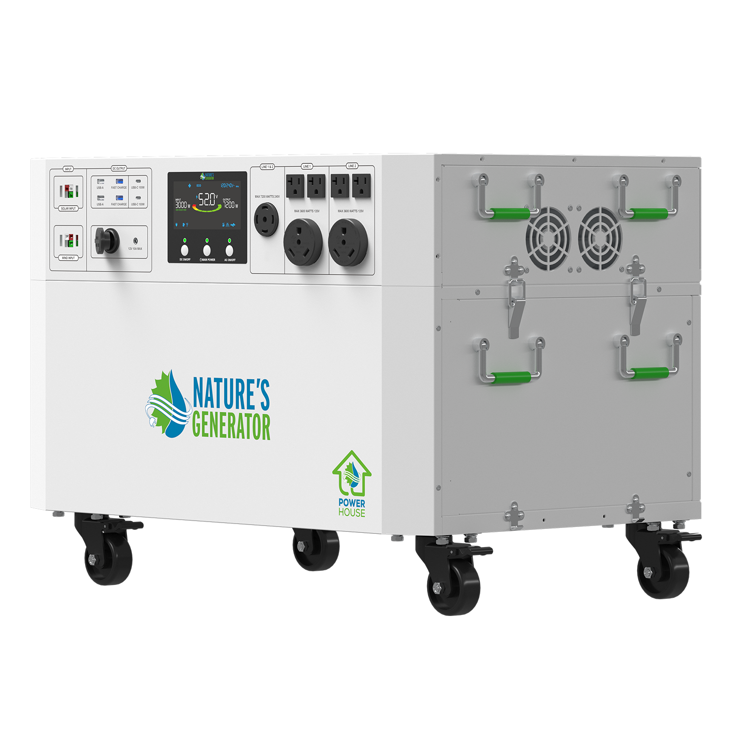 Nature's Generator Powerhouse V2 solar and wind generator with control panel, solar panels, and wind turbine in a home setting