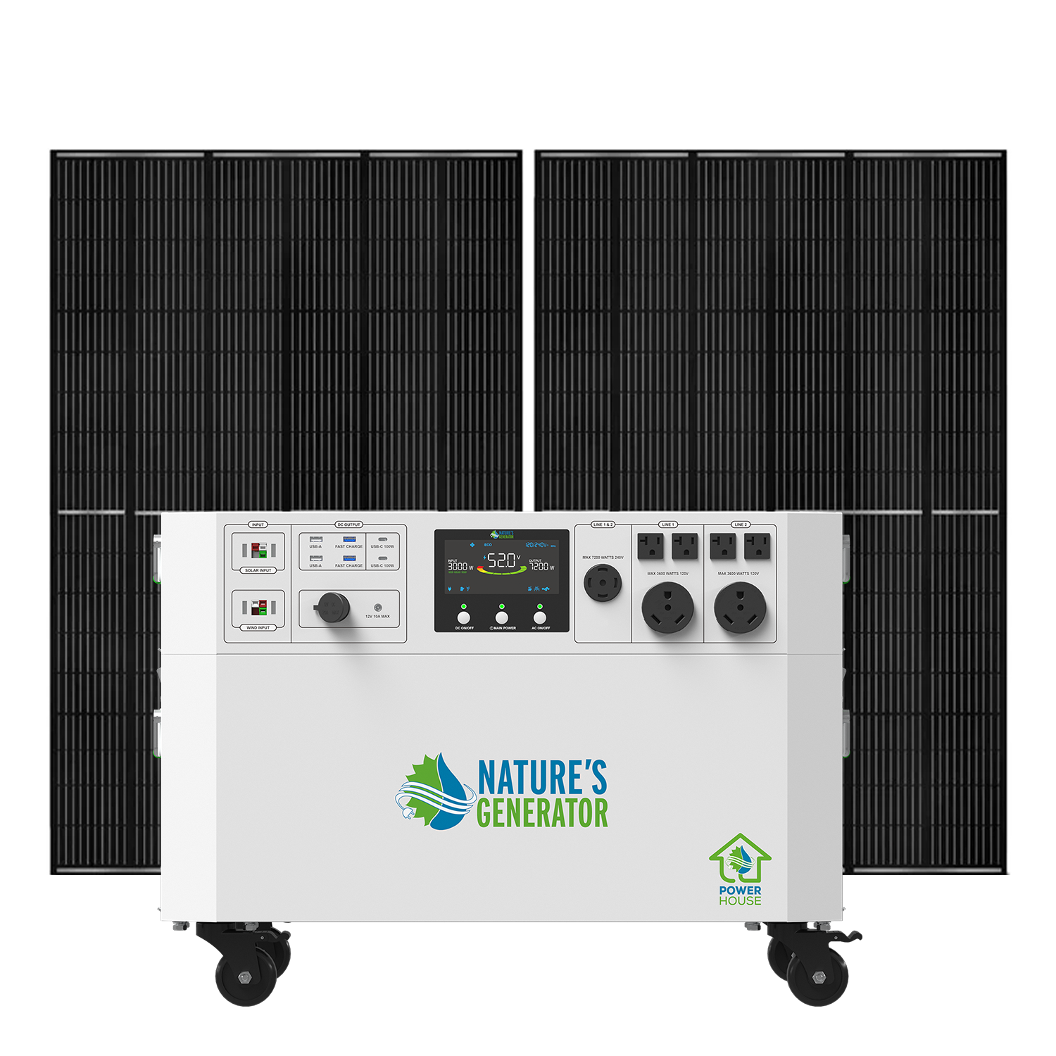 Nature's Generator Powerhouse V2 solar generator with digital display and multiple outlets for whole home power backup.