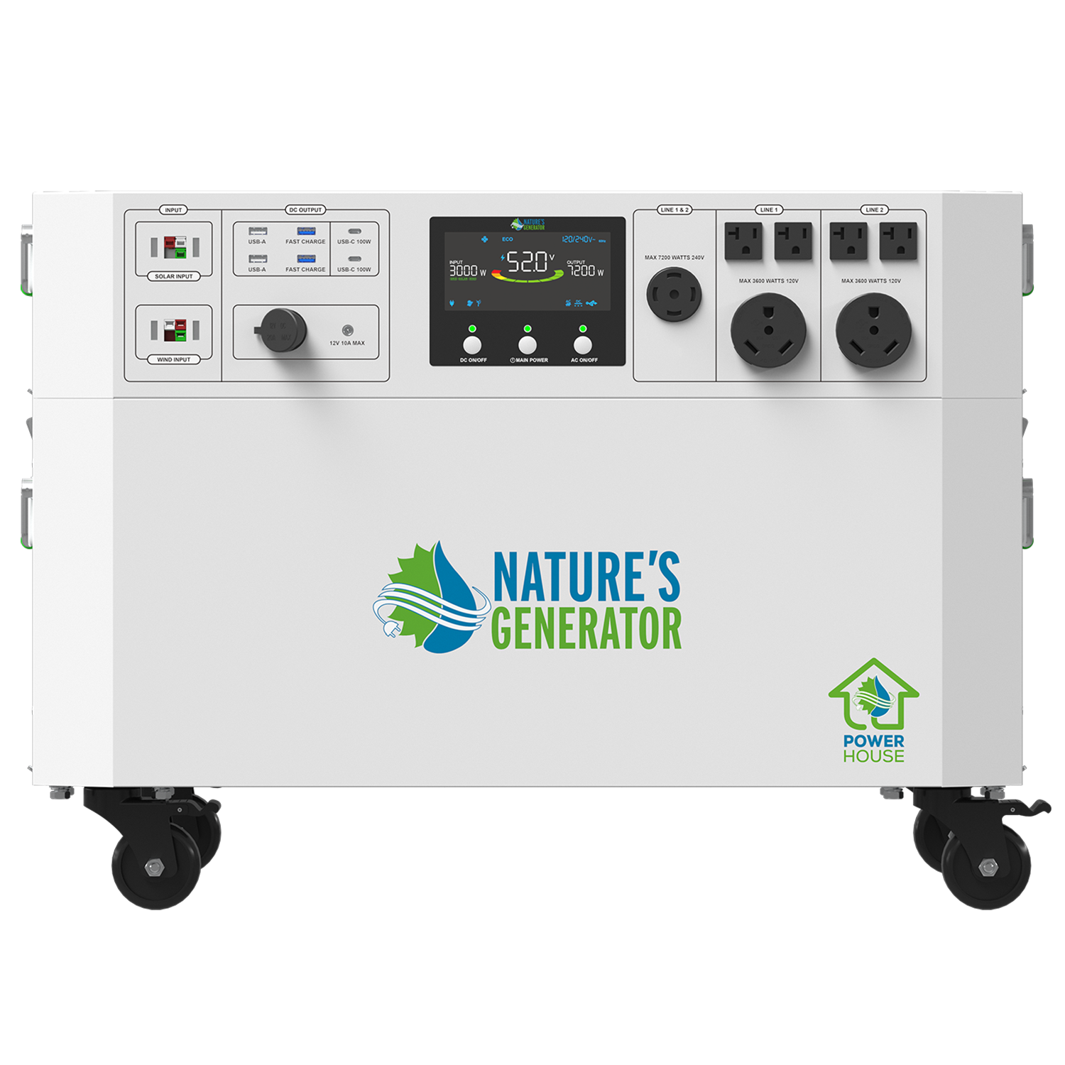 Front view of Nature's Generator Powerhouse V2 Whole Home Generator showing its control panel and robust design.