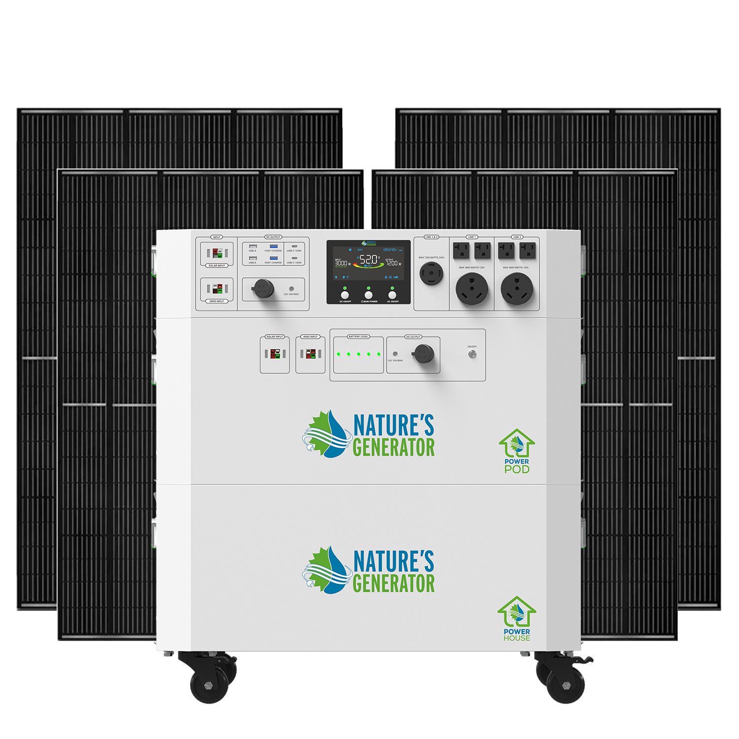 Nature's Generator Powerhouse V2 whole home solar generator system with four 410W rigid solar panels and power pod.