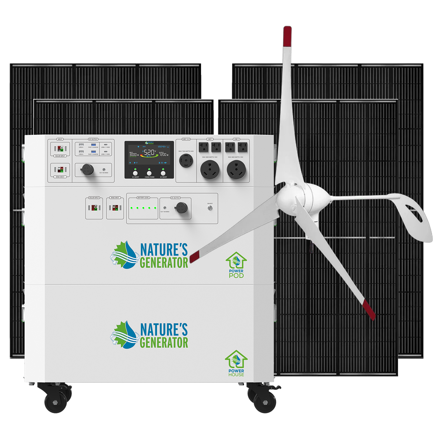 Powerhouse V2 Solar and Wind Generator by Nature's Generator with four 410W rigid solar panels and a 350W wind turbine.