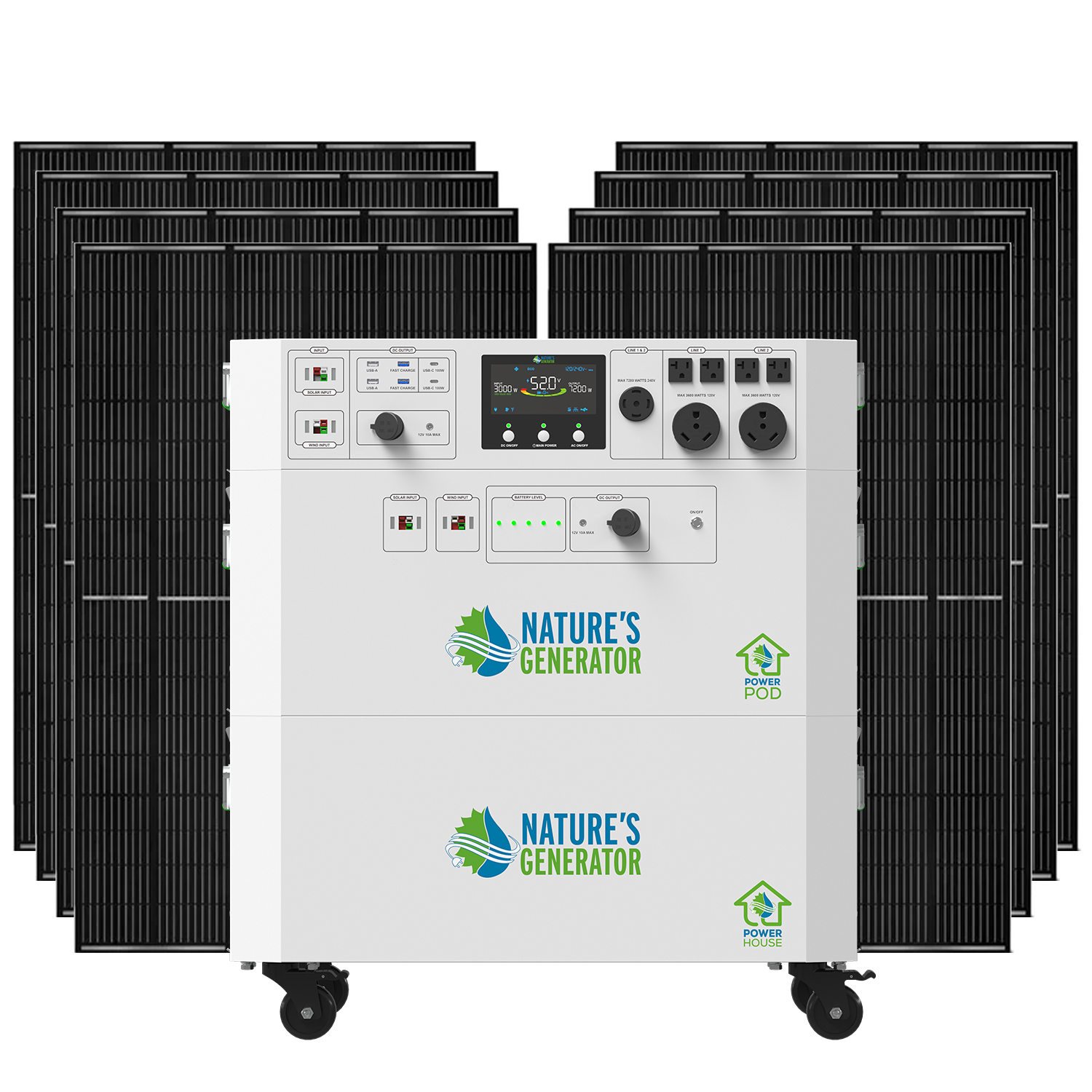 Nature's Generator Powerhouse V2 Whole Home Solar Generator with Power Pod and eight 410W rigid solar panels.