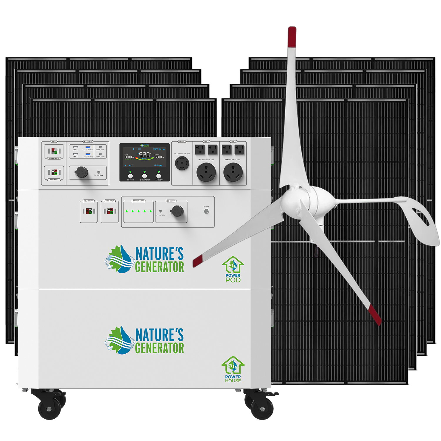 Nature's Generator Powerhouse V2 solar and wind generator with 8x 410W solar panels, 350W wind turbine, and power pod.