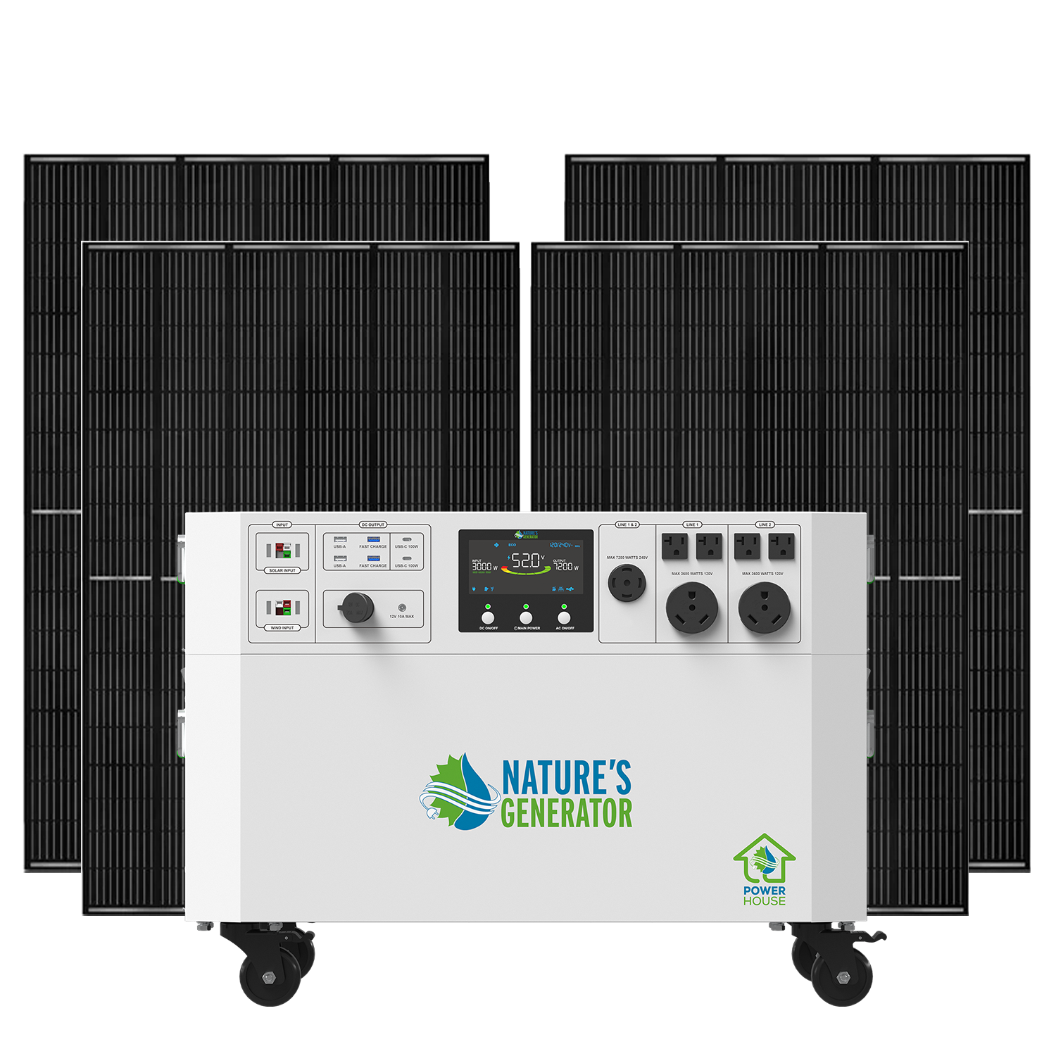 Nature's Generator Powerhouse V2 whole home solar generator with four 410W rigid solar panels in outdoor setting