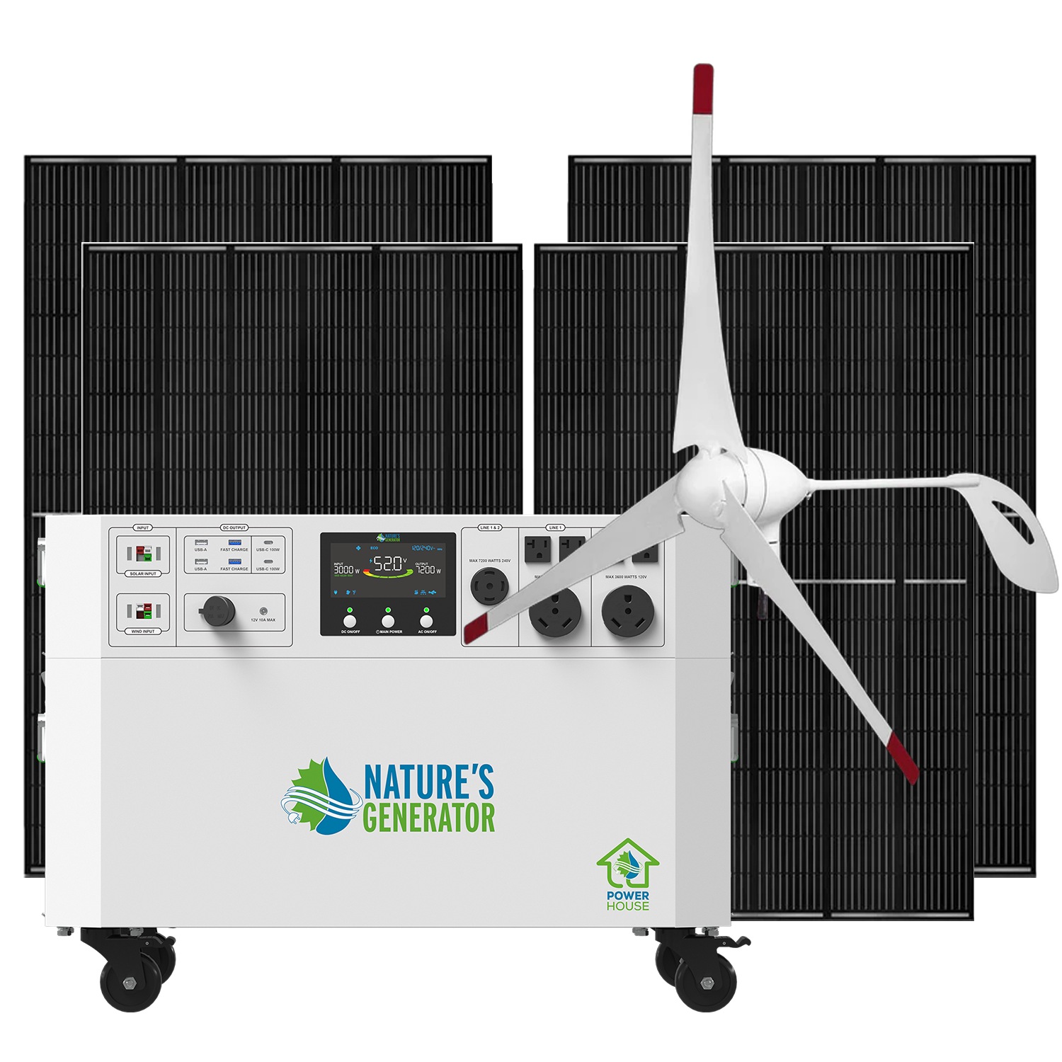 Powerhouse V2 solar and wind generator by Nature's Generator with four 410W solar panels and a 350W wind turbine.