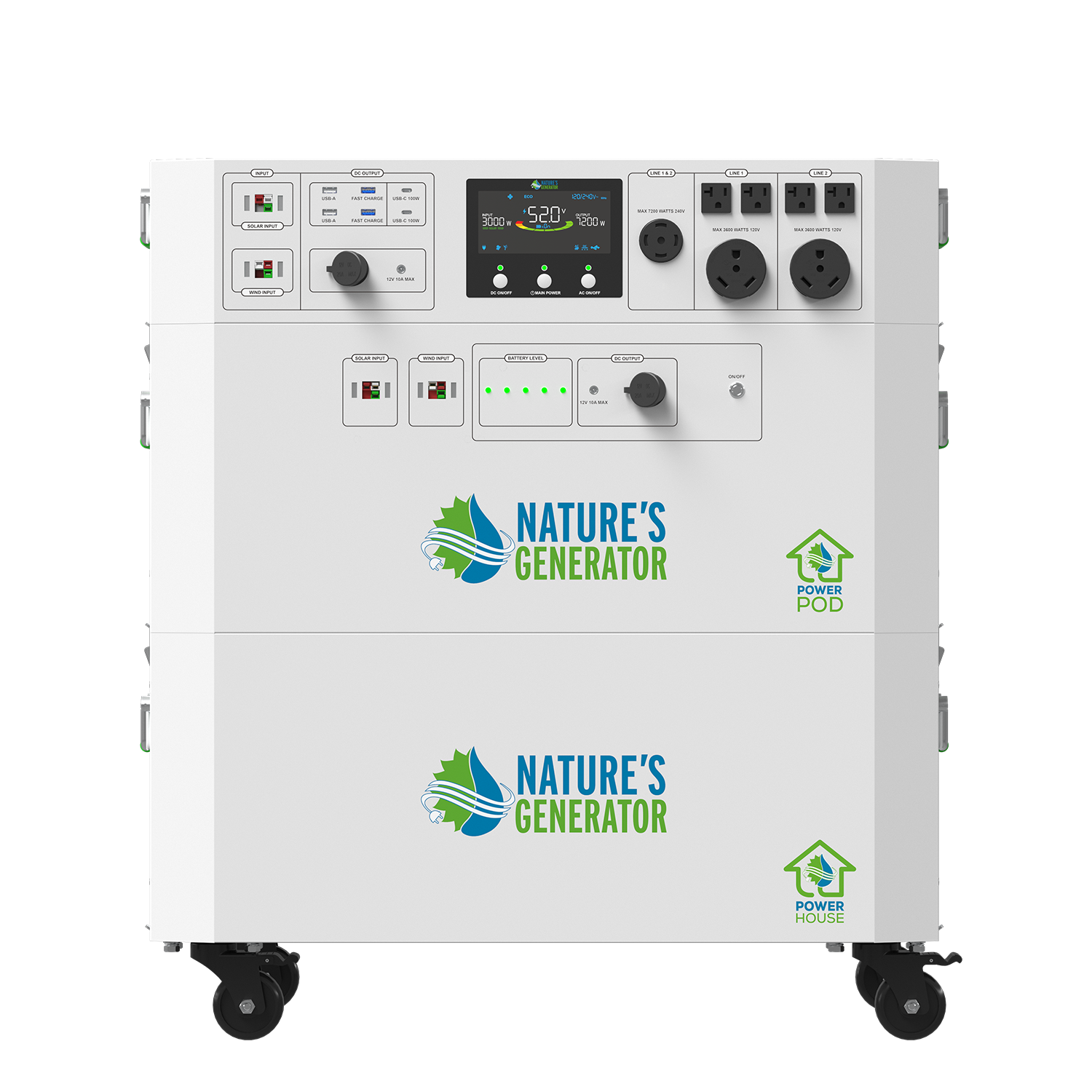 Nature's Generator Powerhouse V2 solar and wind generator with Power Pod, front view showing controls and compact design.
