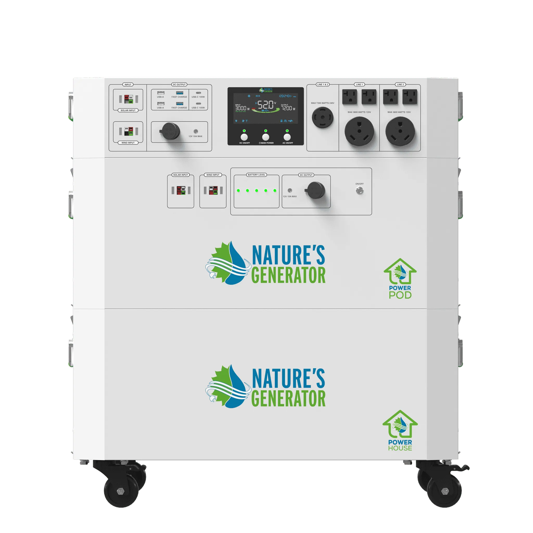 Front view of Nature's Generator Powerhouse V2 Whole Home Generator with Power Pod, showcasing its robust design and control panel.