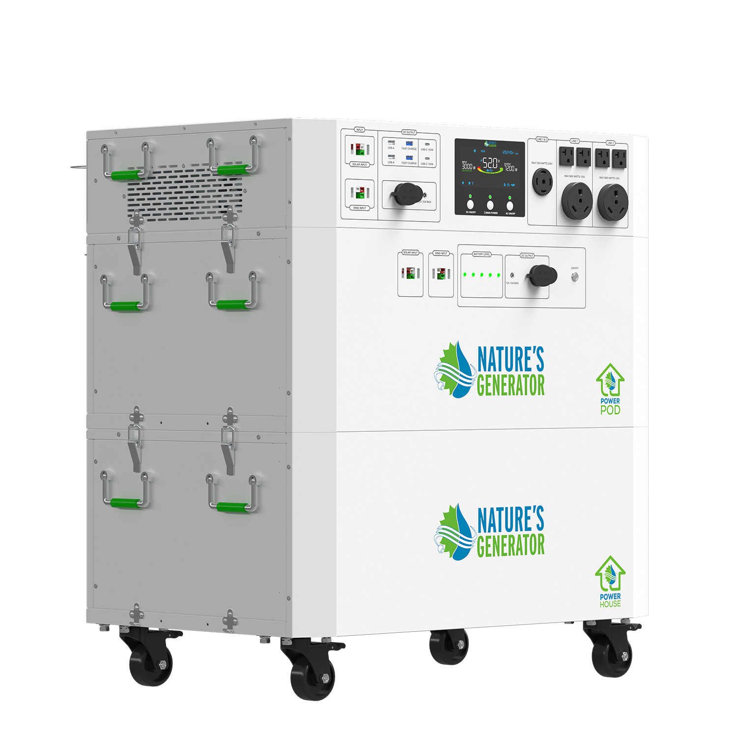 Nature's Generator Powerhouse V2 solar and wind generator with Power Pod attached, showcasing its compact design and renewable energy sources.