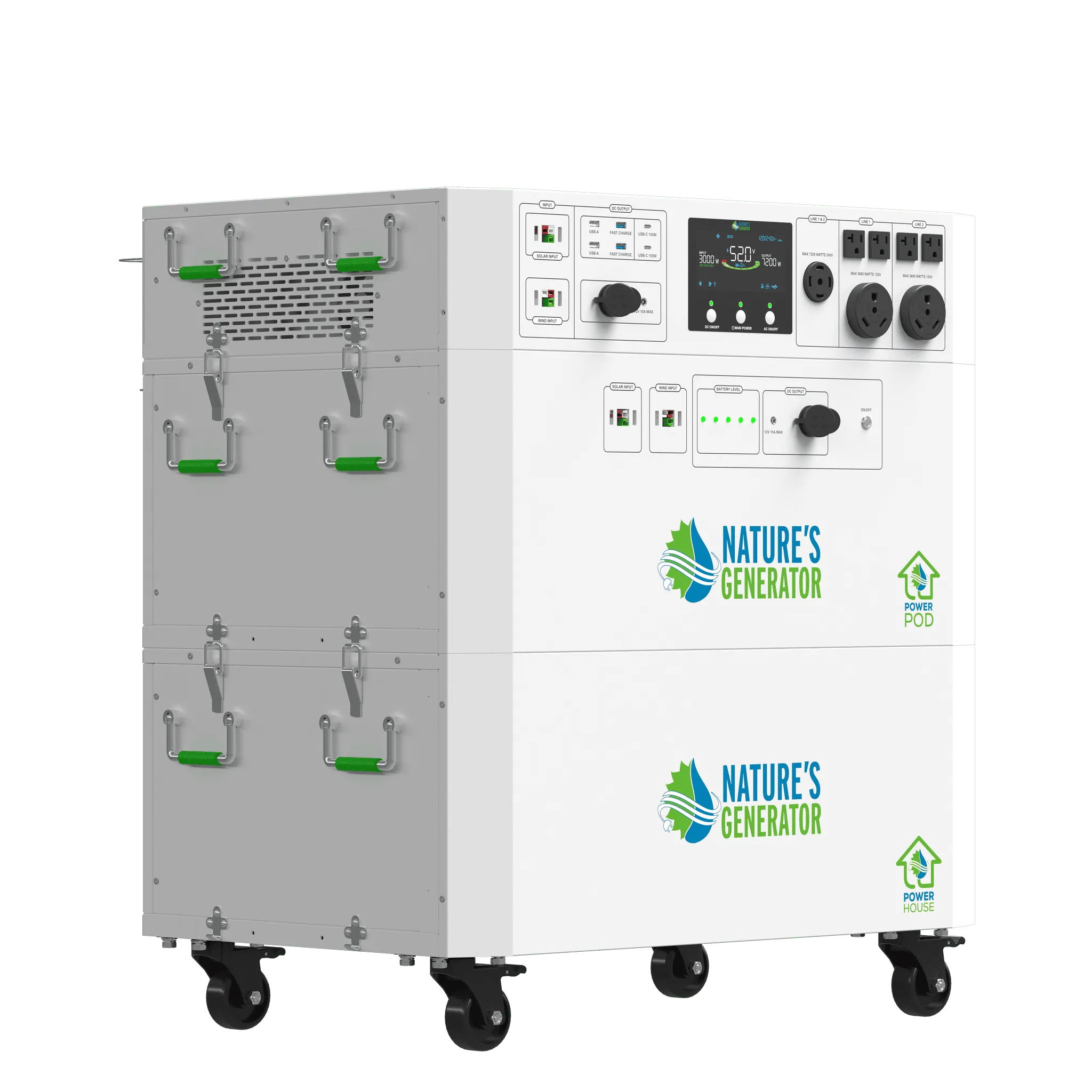 Front view of the Nature's Generator Powerhouse V2 Whole Home Generator with Power Pod attached, showcasing its robust design and features.