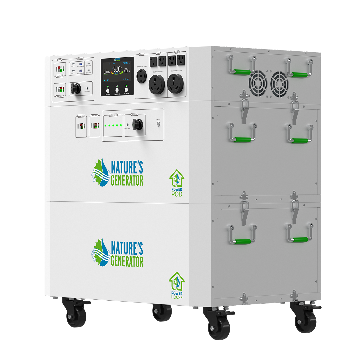 Nature's Generator Powerhouse V2 Whole Home Solar Generator with Power Pod, outdoor setup with solar panels and control unit.
