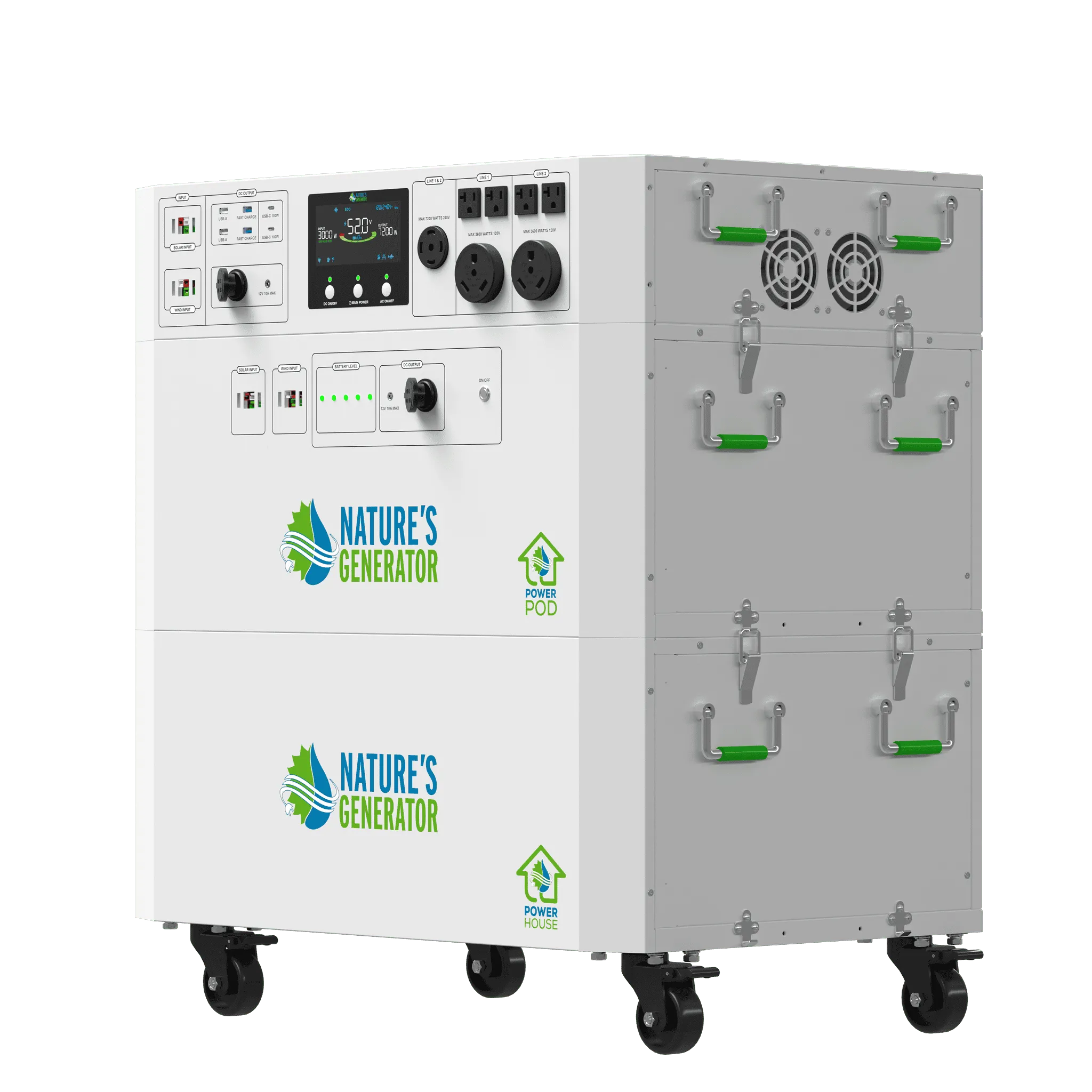 Nature's Generator Powerhouse V2 whole home generator with Power Pod, shown from the right side, outdoors with electrical components visible.