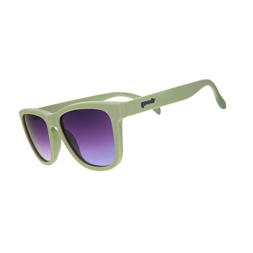 Rare Air Discs Dawn of a New Sage OG polarized sunglasses with black frames and dark tinted lenses, shown from the side.