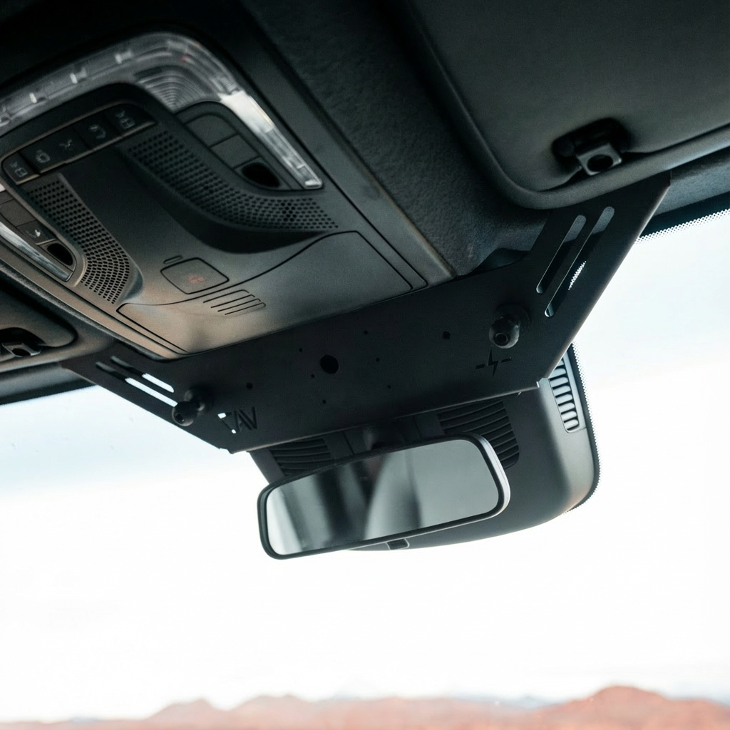 Canyon Adventure Vans NAV-Mount™ V2, a durable mount designed for vehicles, showcasing its sleek design and mounting features.