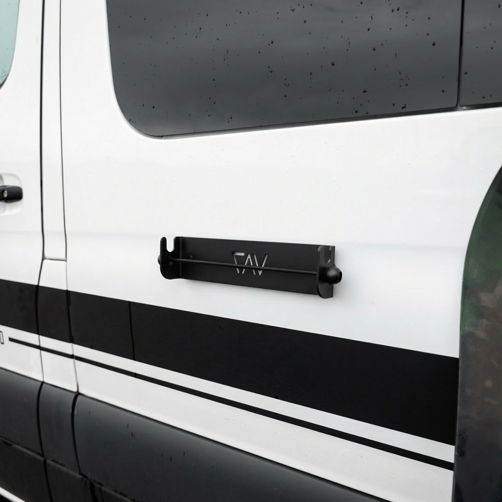 Canyon Adventure Vans magnetic ski and snowboard holder made in Utah, shown attached to a vehicle roof rack.