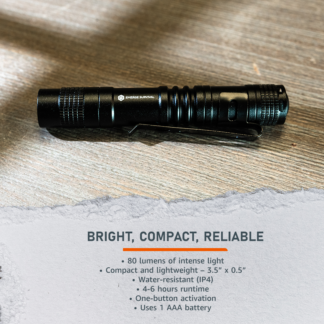 Emerge Survival EDC Mini Flashlight with compact design, black body, and adjustable focus for everyday carry illumination.