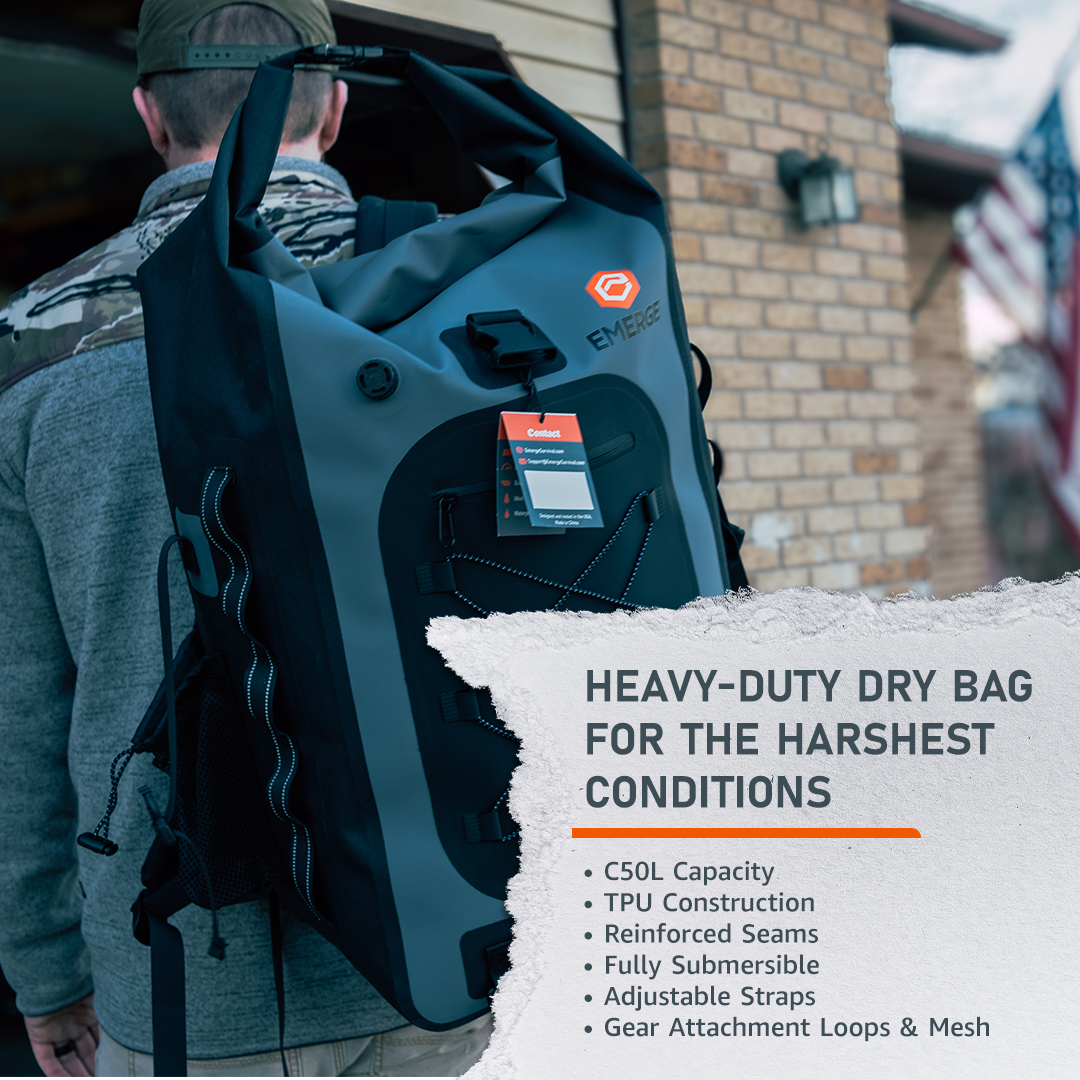 Emerge Survival 50L Dry Bag The Ghost, waterproof outdoor gear with roll-top closure and adjustable shoulder strap.