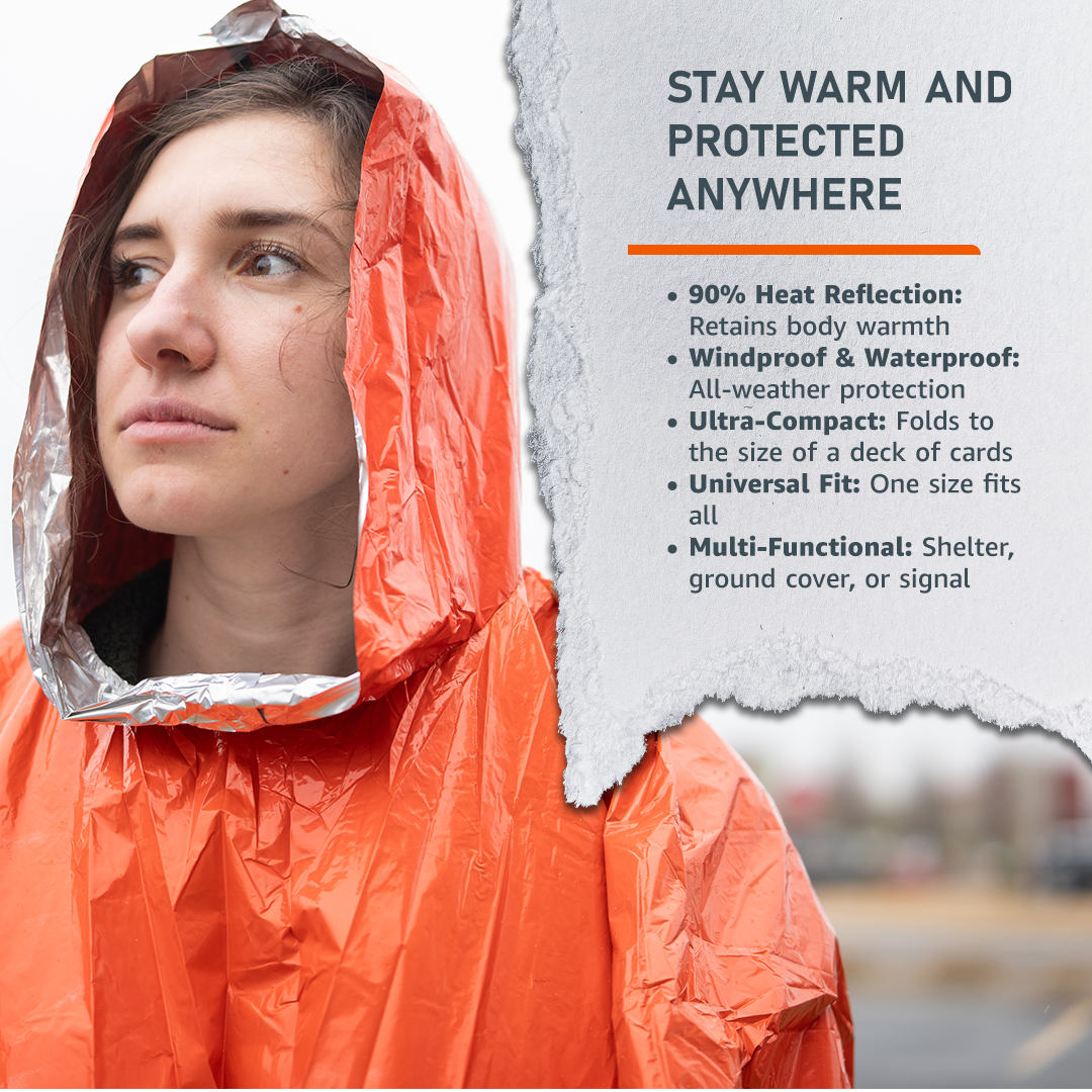 Emerge Survival Mylar Poncho with reflective silver surface, lightweight waterproof emergency rain protection and thermal insulation.
