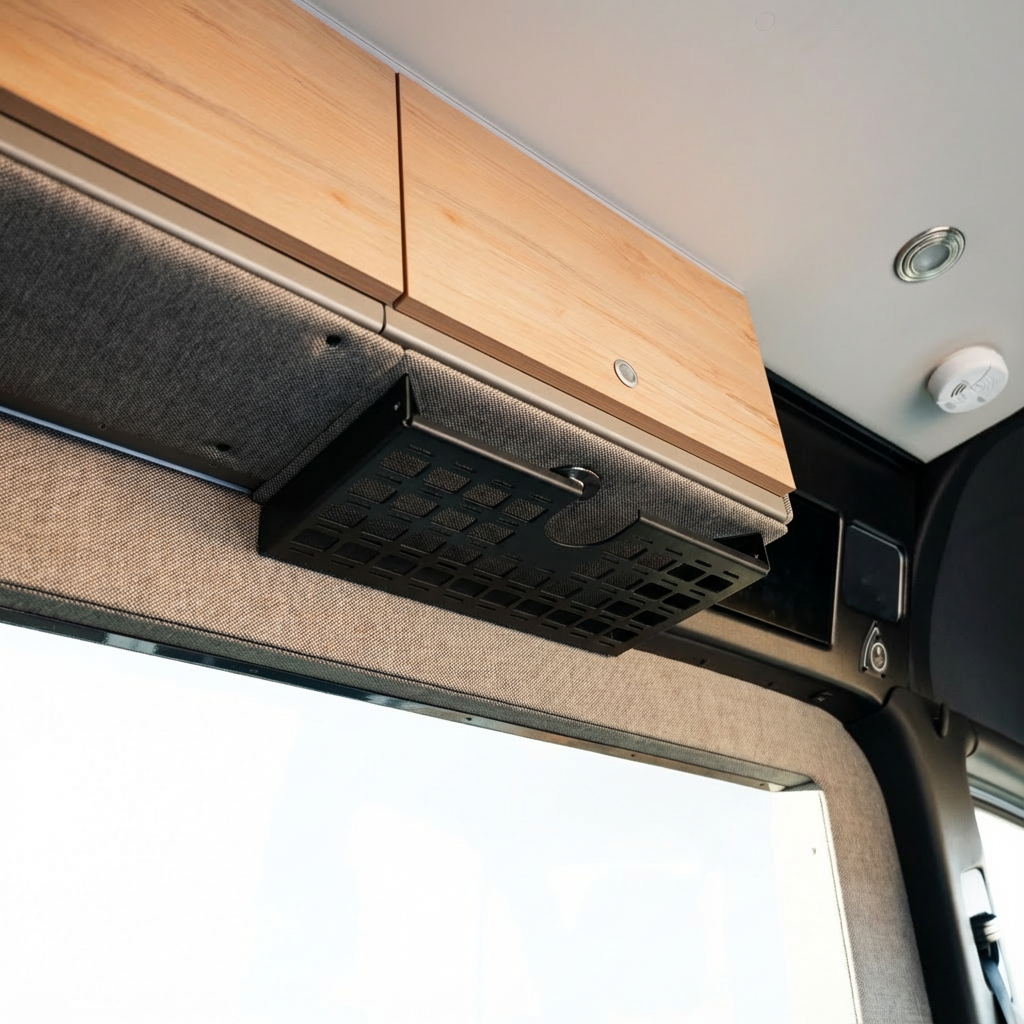 Canyon Adventure Vans Storyteller Undercabinet Shelf on driver side, made in Utah, shown in a clean, organized interior setting.