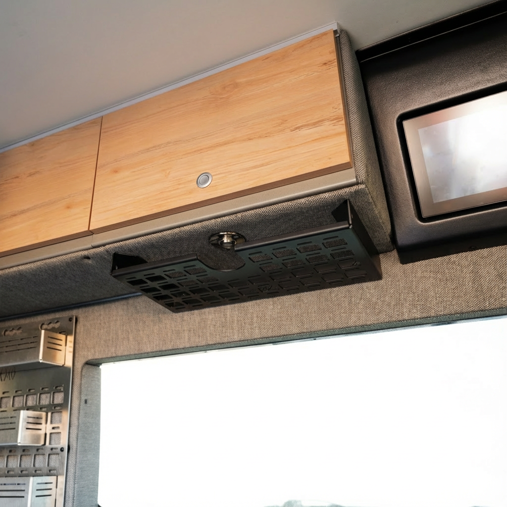 Canyon Adventure Vans Storyteller undercabinet shelf on driver side, made in Utah, shown mounted under cabinet in a vehicle interior