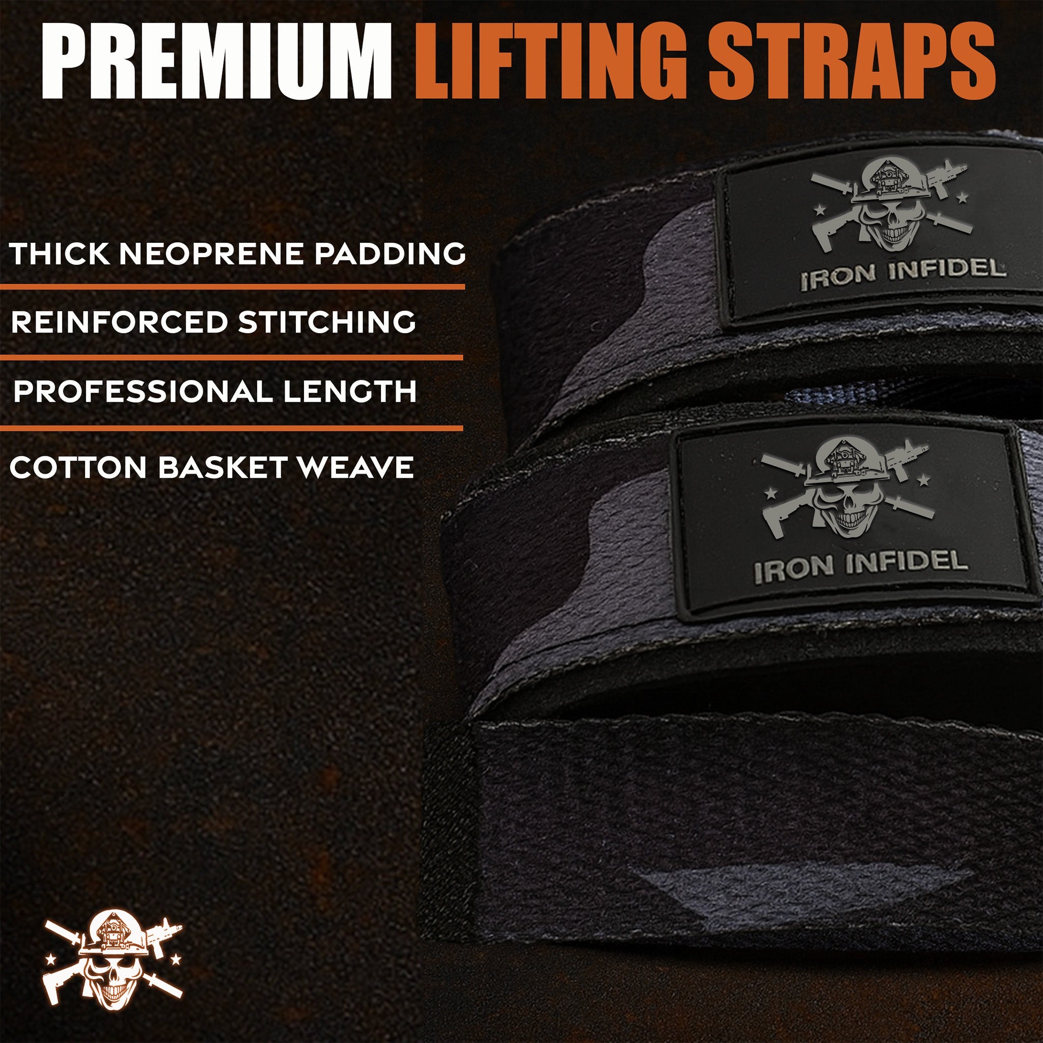 Iron Infidel lifting straps for weightlifting and strength training, showing durable black straps with padded handles.