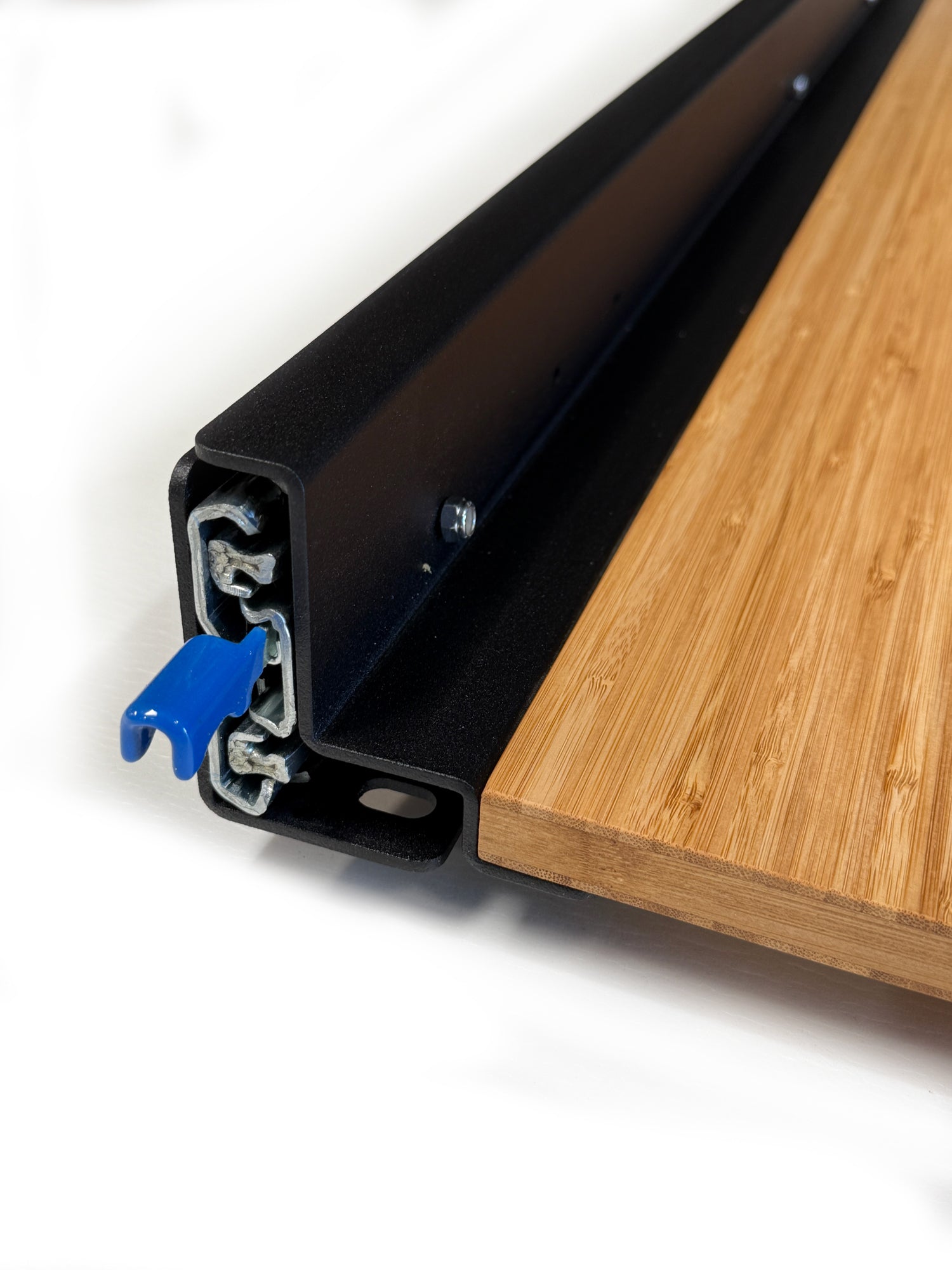 Profile view of the RB Components 48-inch DIY slide tray kit showing metal construction and sliding mechanism.