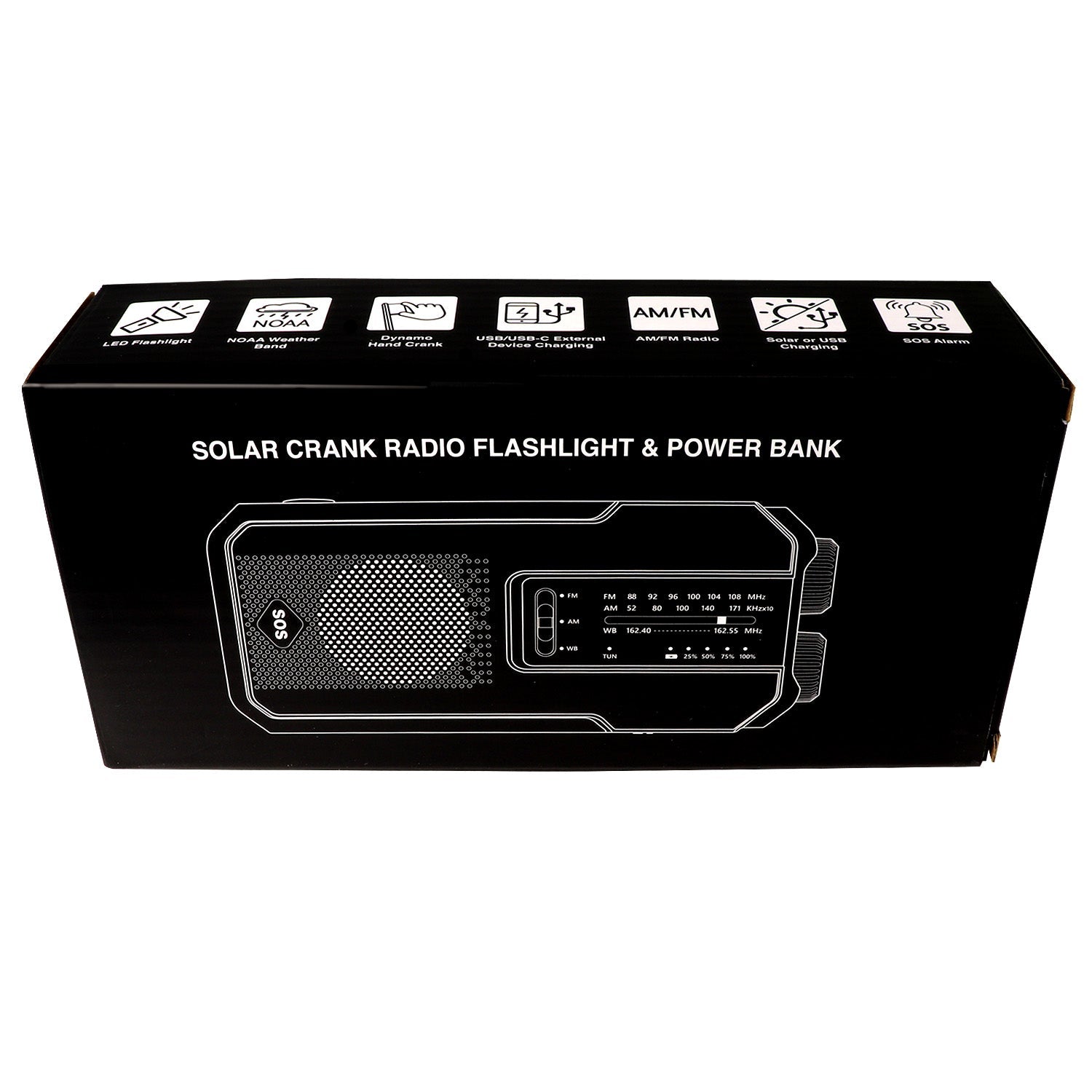 Portable 4-in-1 NOAA weather radio, flashlight, hand crank, and USB charger from quakekits.com with solar and dynamo power.
