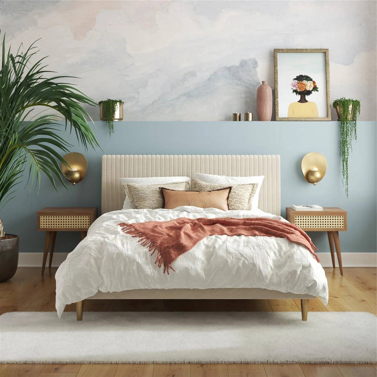 Queen Mid-Century Ivory Cream Velvet Upholstered Platform Bed with Headboard - OVERLANDERS Outfitter