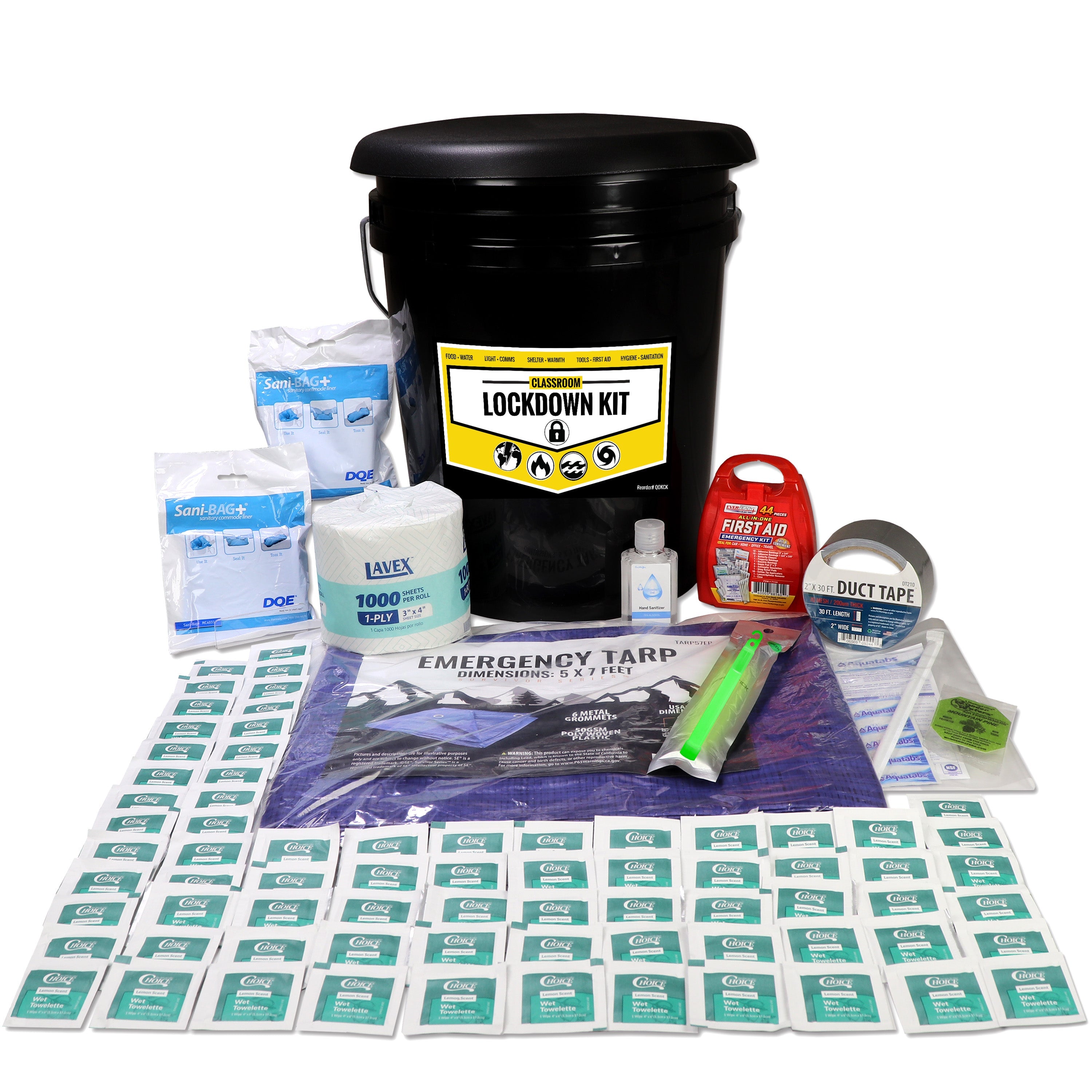 Emergency classroom lockdown kit with safety tools and equipment, designed for quick securement during emergencies.