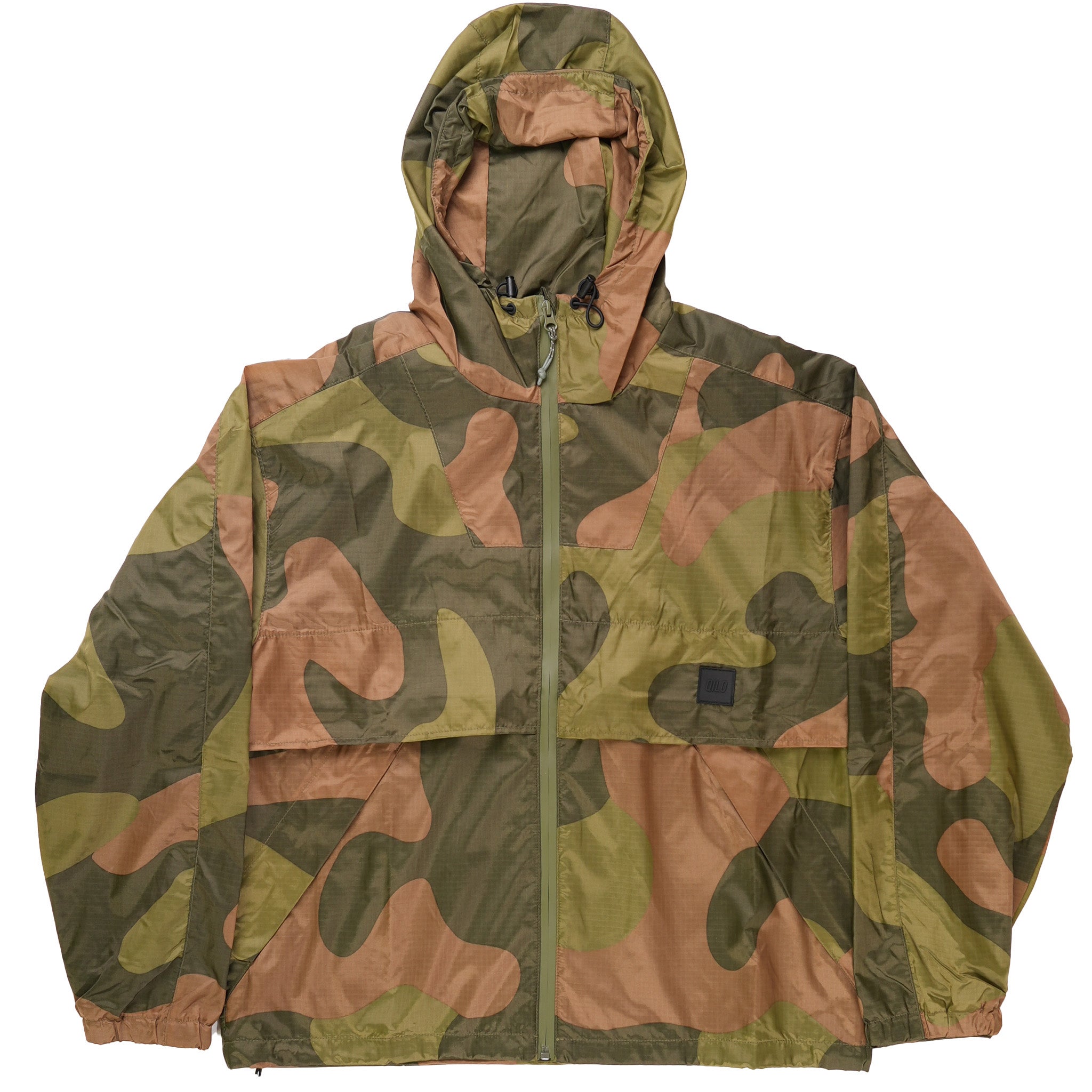 QILO x AP Retro Windbreaker in Norwegian Woodland featuring a front view with a camo pattern and stylish design.