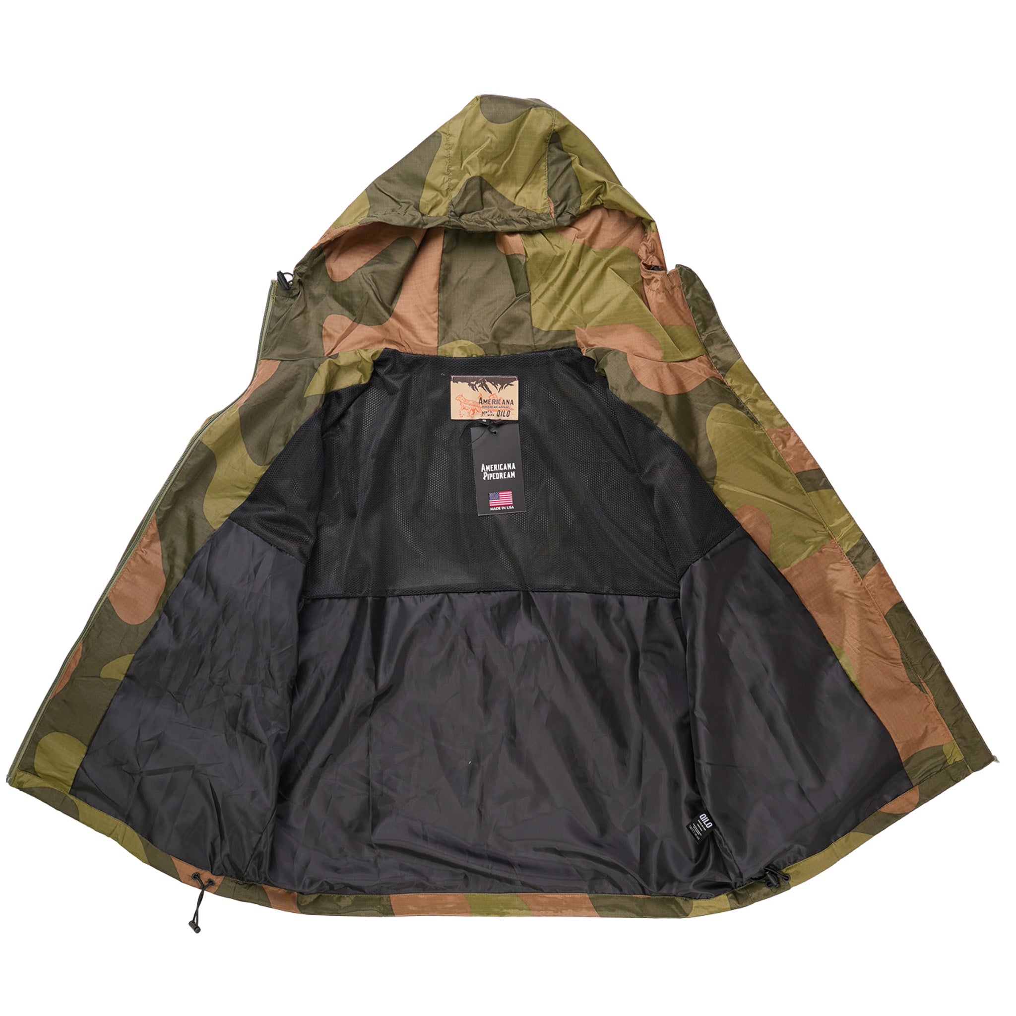 QILO x AP retro windbreaker in Norwegian Woodland pattern, Americana Pipedream Apparel, outdoor jacket with camouflage design