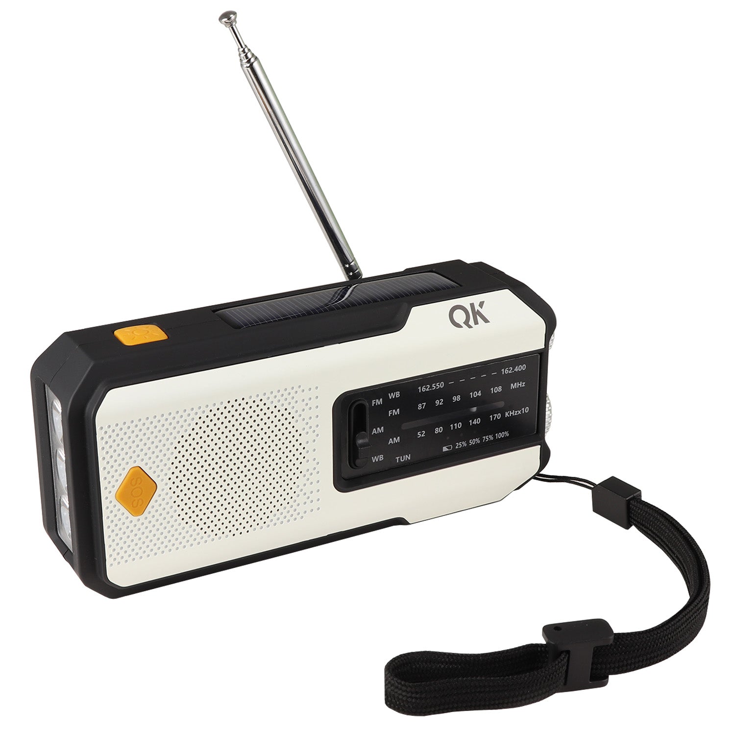 Emergency 4-in-1 NOAA weather band radio, flashlight, solar and dynamo charger, and USB power bank from Quake Kits.