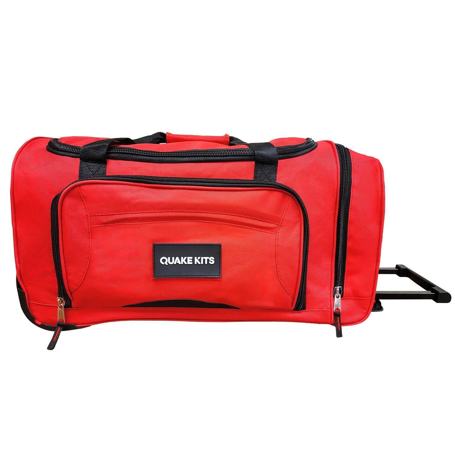Red rolling duffel bag by Quake Kits with durable 600D fabric, wheeled design, and telescoping handle for travel and gear storage.