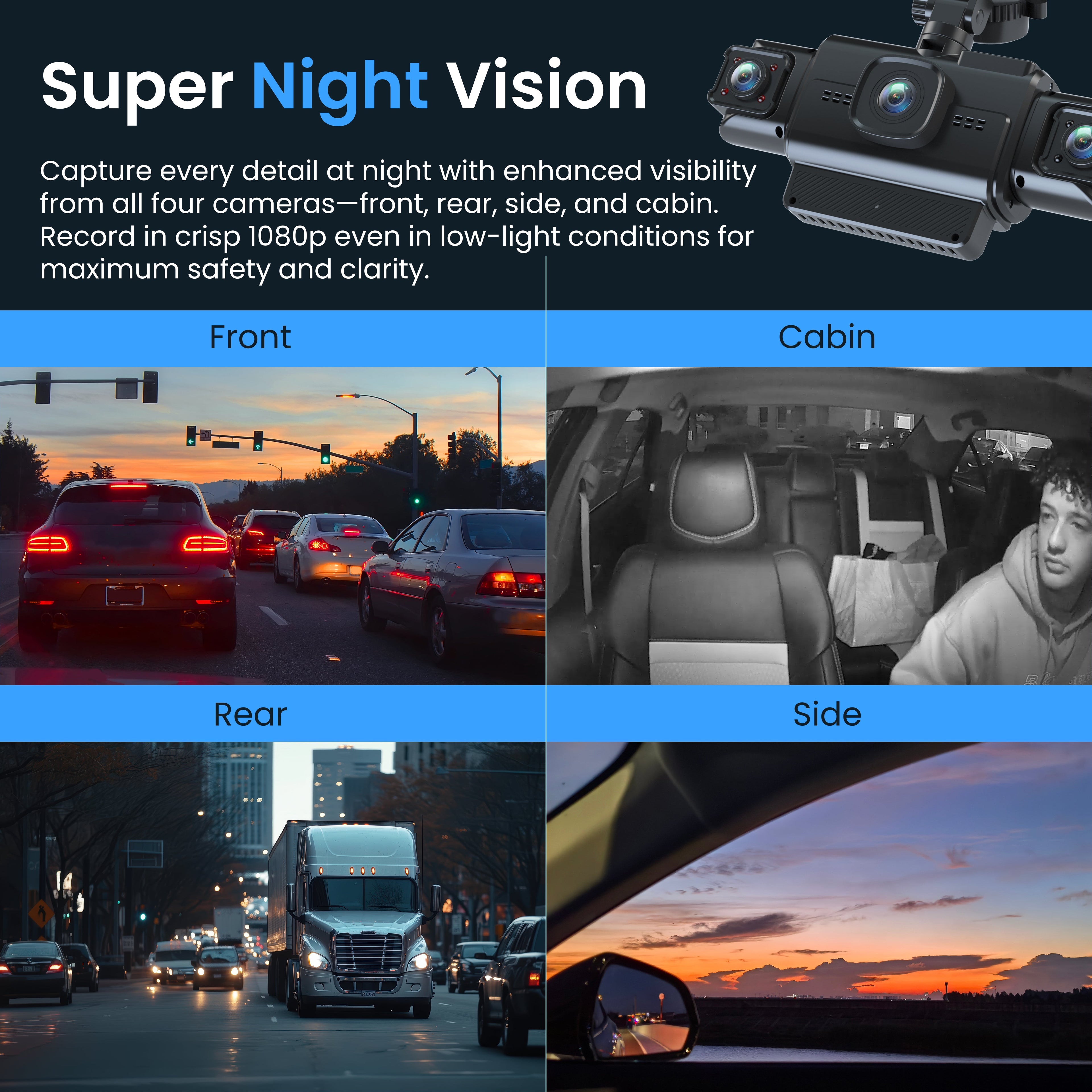 Rexing R4-RD dash cam featuring 4-channel 1080p recording, GPS, Wi-Fi, and 360° parking monitor in a car interior setting.
