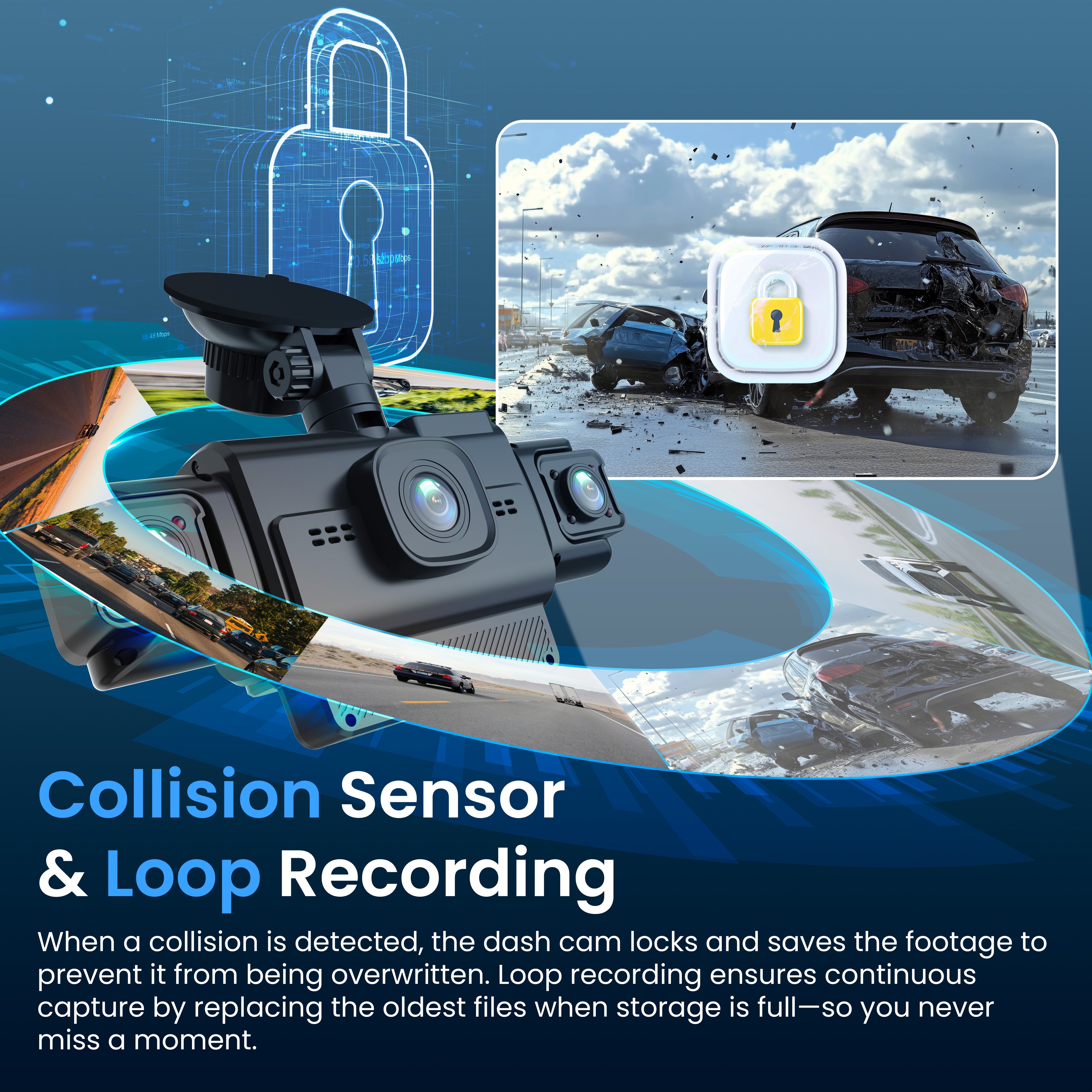 Rexing R4-RD 4-channel dash cam showing 1080p display, GPS, Wi-Fi, and 360° parking monitor features.